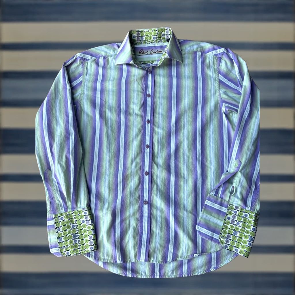 Robert Graham VINTAGE Robert Graham Button Down Striped Blue Dress Shirt Men’s XL Flip Cuff Size 46R - 1 Thumbnail