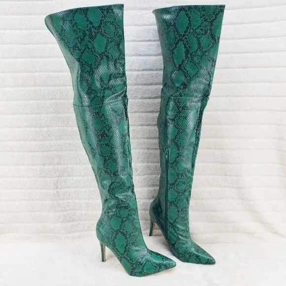 Other Brand New Bad Girlz Green Snake Wide Top Thigh High Heel Boo Size US 9 / IT 39 - 4 Thumbnail