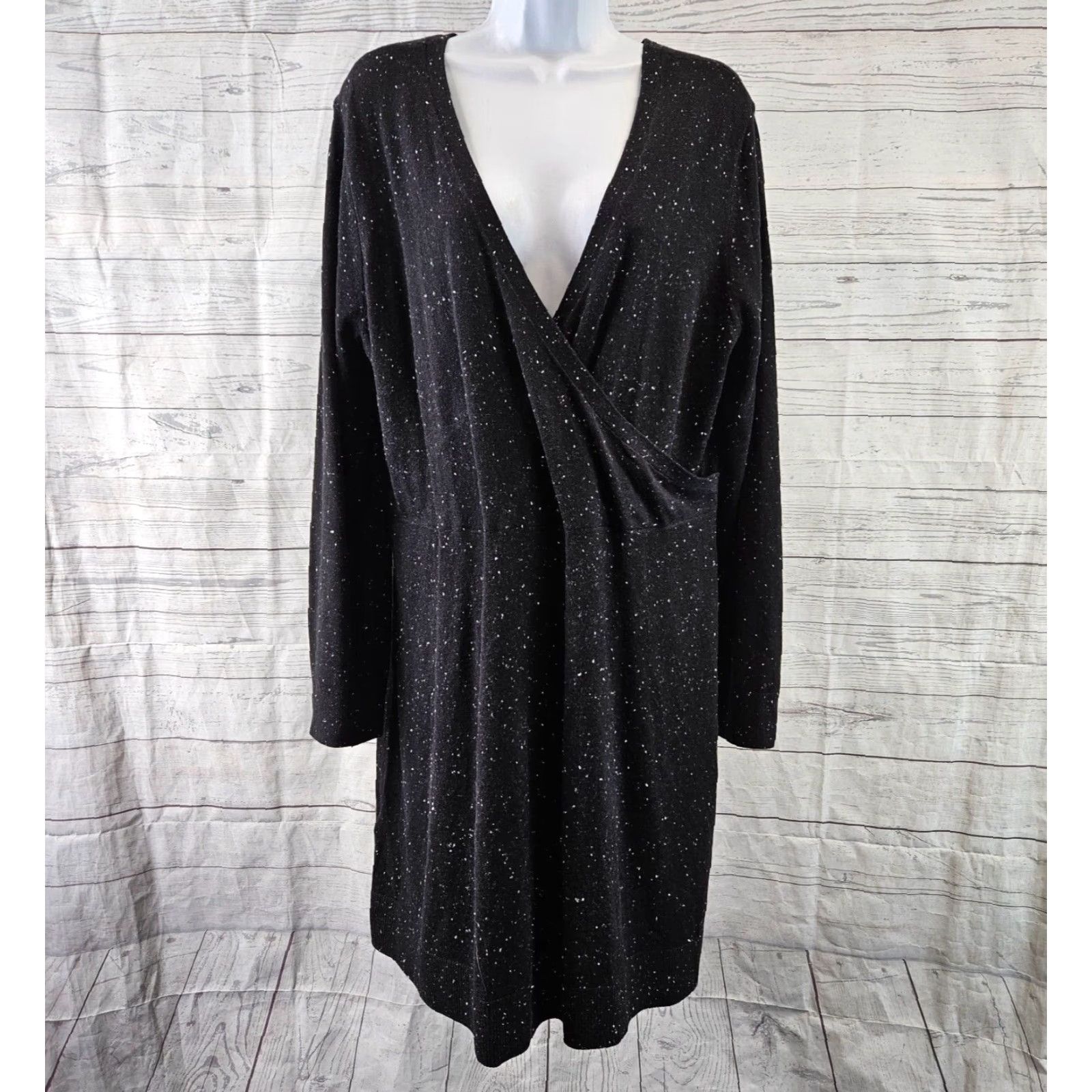 Loft Ann Taylor LOFT Womens Sweater Dress XL Black Speckled Long Sleeve V-Neck Size XL / US 12-14 / IT 48-50 - 2 Thumbnail