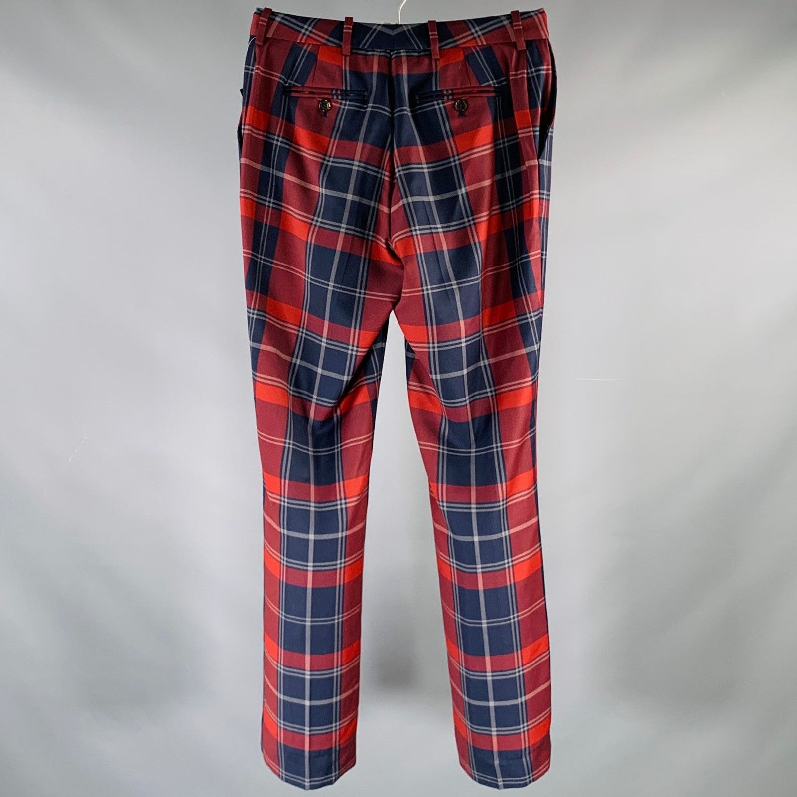 Brooks Brothers Black Fleece BLACK FLEECE Burgundy Navy Plaid Wool Zip Fly Dress Pants Size US 28 / EU 44 - 2 Thumbnail