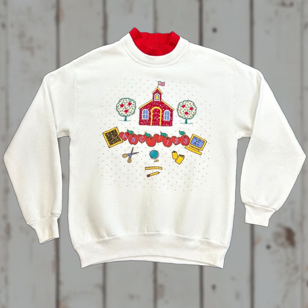 Vintage VINTAGE Morning Sun Sweatshirt Collared Knit Pullover Casual Women’s M White 80s 90s Retro School Embroidered Size M / US 6-8 / IT 42-44 - 1 Thumbnail