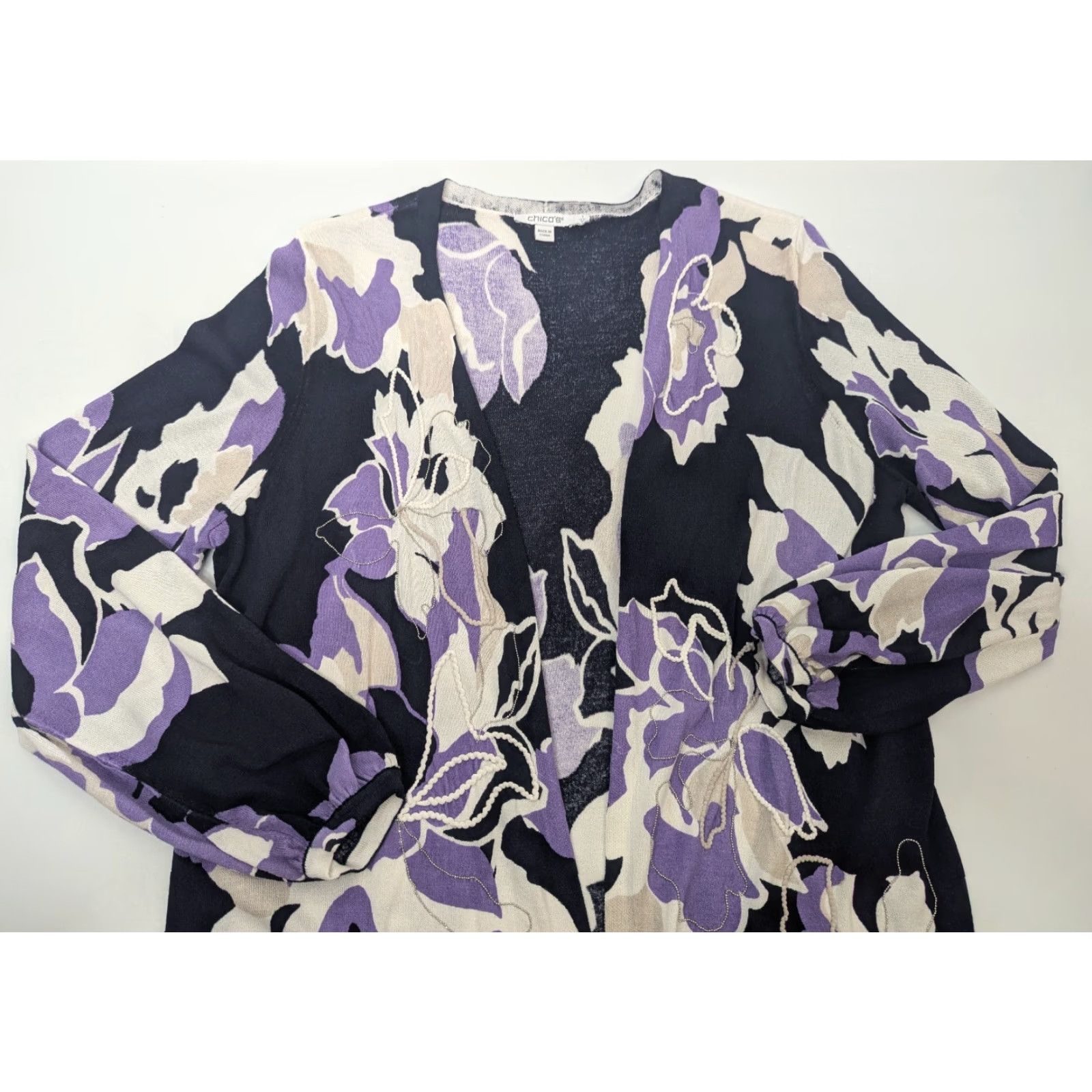 Vintage Chicos Cardigan Sweater Open Front Floral Embroidered Purple Knit Women M Bohemian Chic Size M / US 6-8 / IT 42-44 - 6 Thumbnail