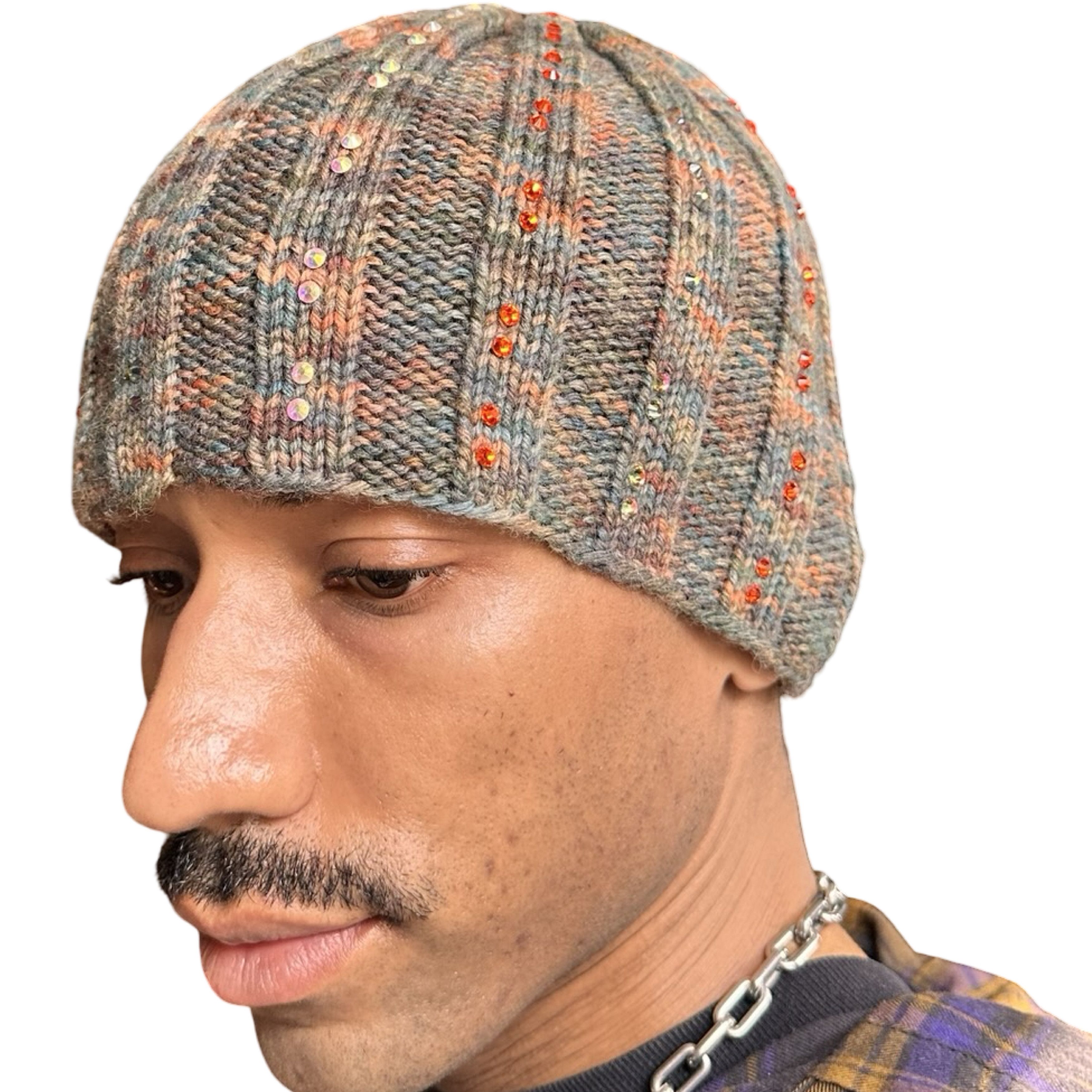Vintage ASTROBOI* Olive Green Marbled Ribbed Beanie w/ Rhinestones Size ONE SIZE - 2 Thumbnail