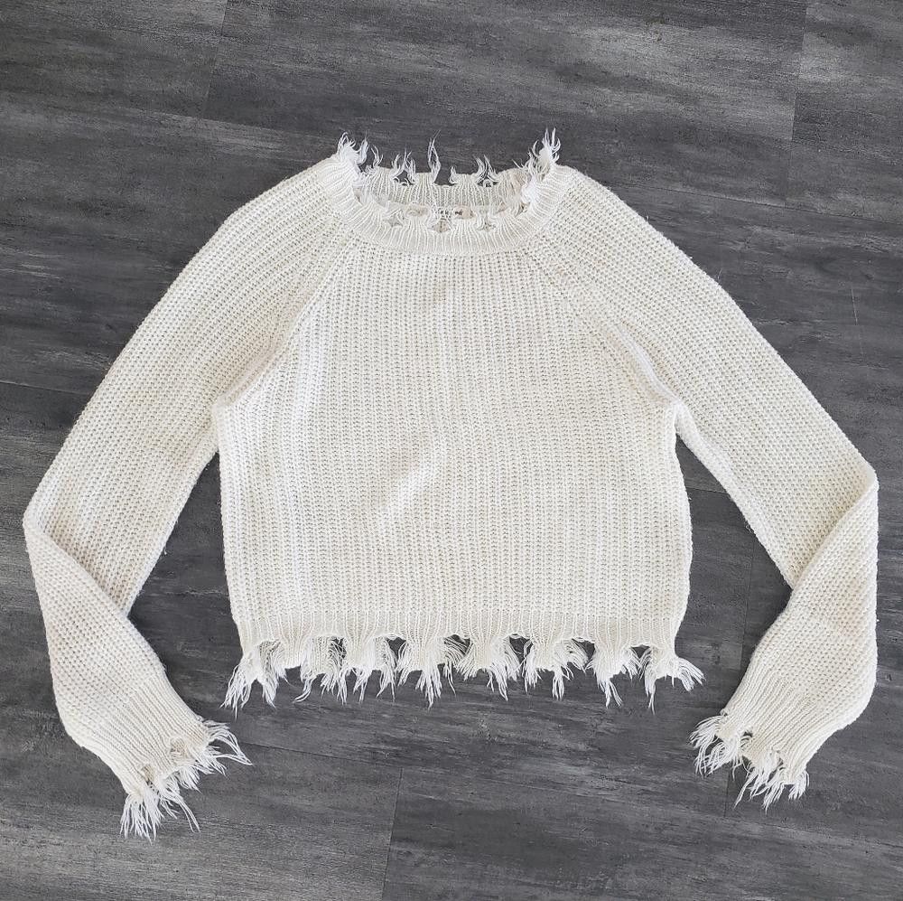 Designer White Distressed Trim FCT Cropped Sweater Size XL / US 12-14 / IT 48-50 - 1 Thumbnail