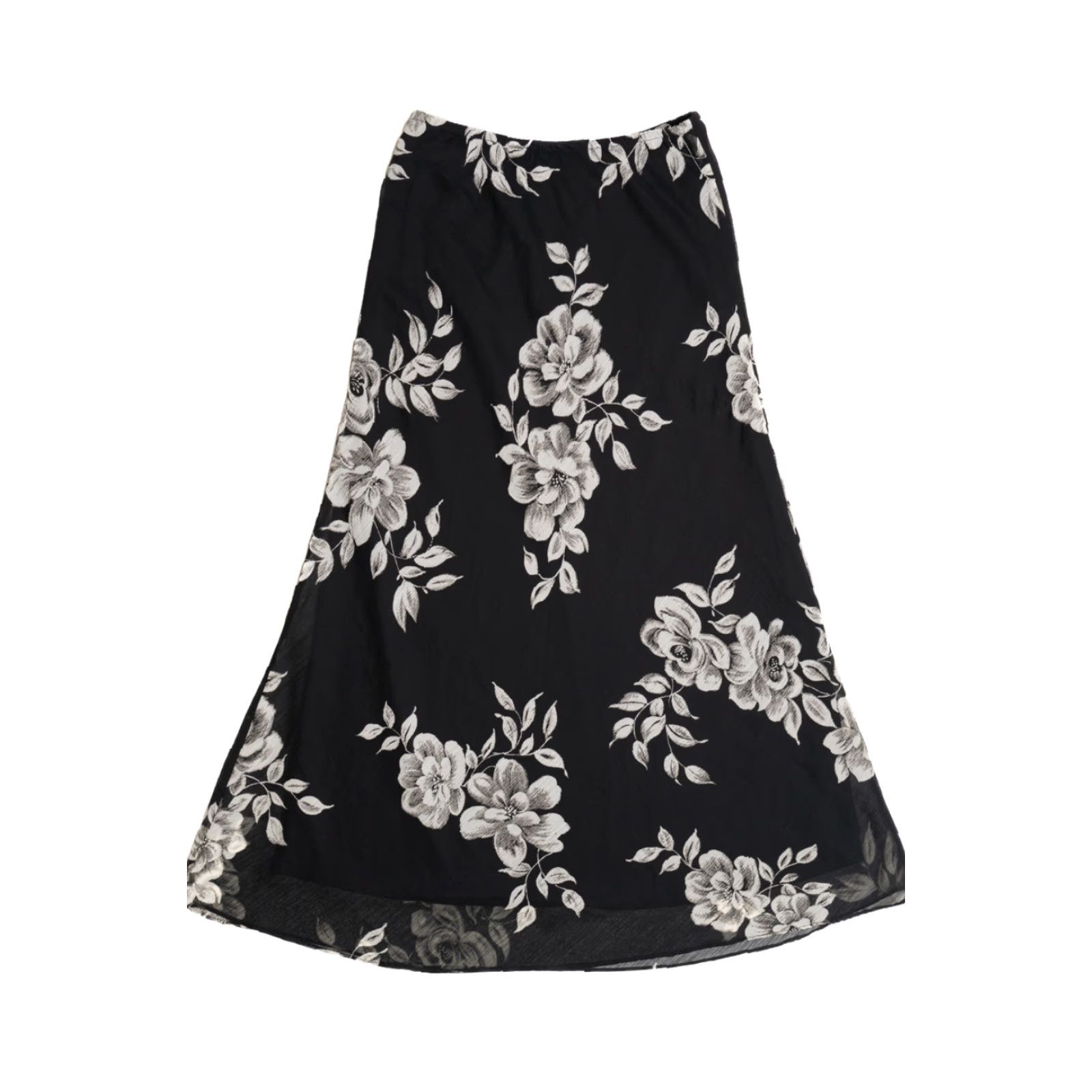 Vintage VINTAGE Floral Sheer Panel Lined Elastic Waist Maxi Skirt 1990s Black Polyester Small Womens Size 28" / US 6 / IT 42 - 4 Thumbnail