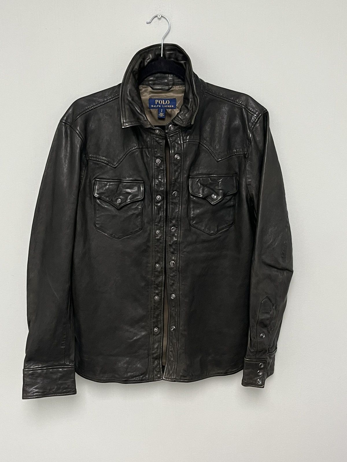 Ralph Lauren Washed Olive Green Leather Shirt Jacket SMALL Size US S / EU 44-46 / 1 - 1 Thumbnail