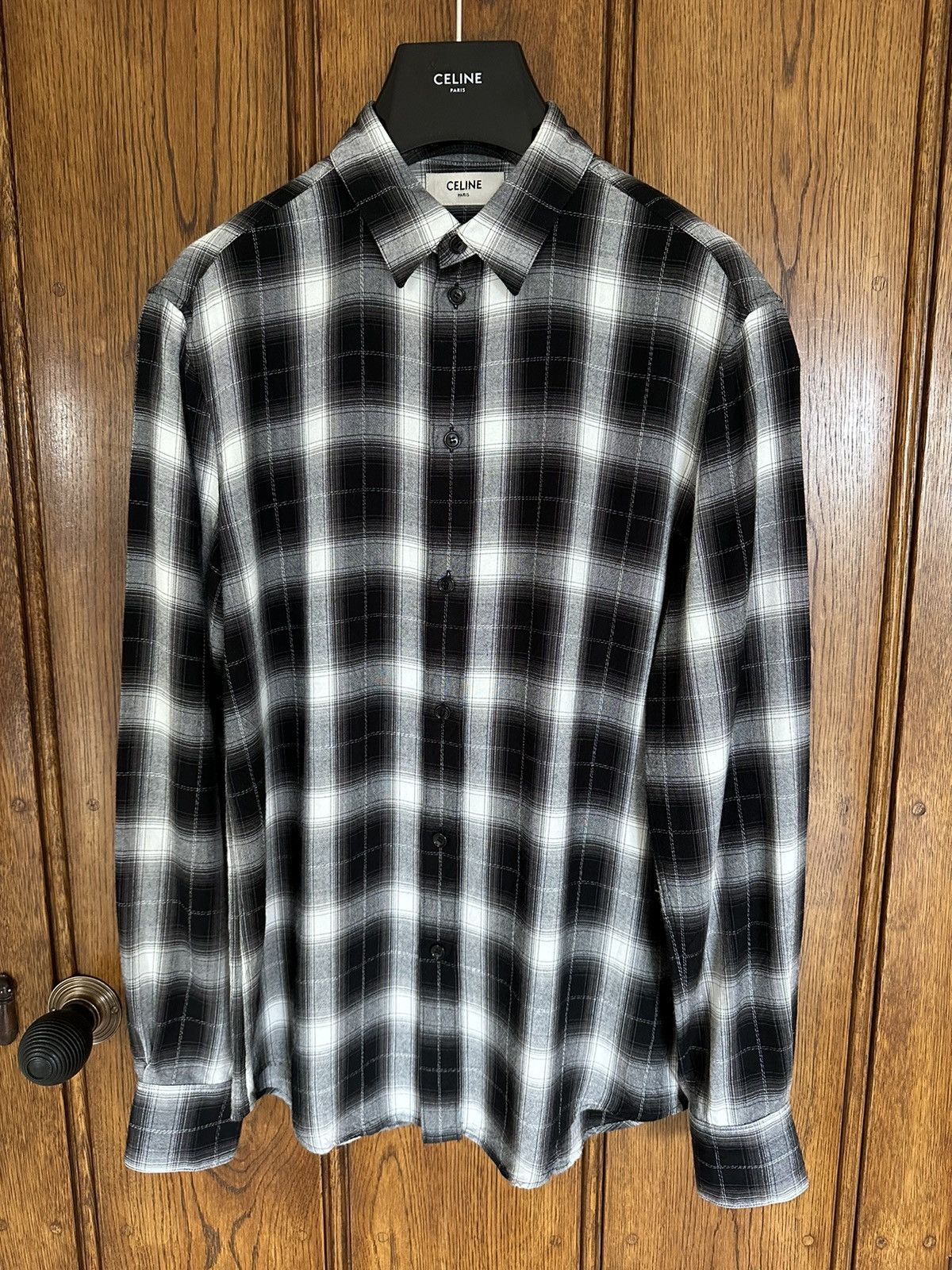 image of Ss19 Celine Hedi Slimane Viscose Black White Flannel Shirt, Men's (Size Small)