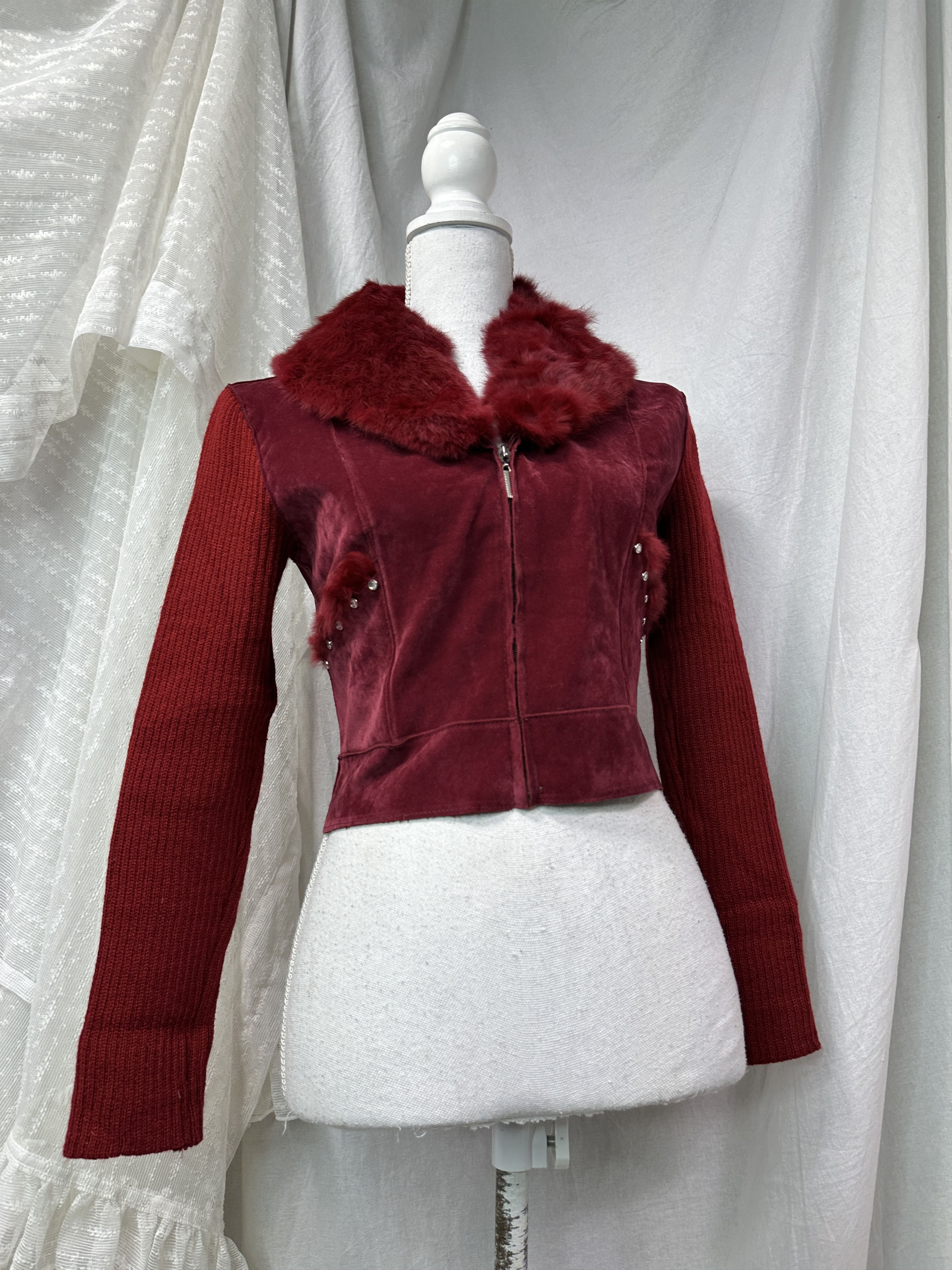 Vintage Vintage Chery Red Burgundy Real Fur Collar Jacket 00s Size S / US 4 / IT 40 - 1 Thumbnail