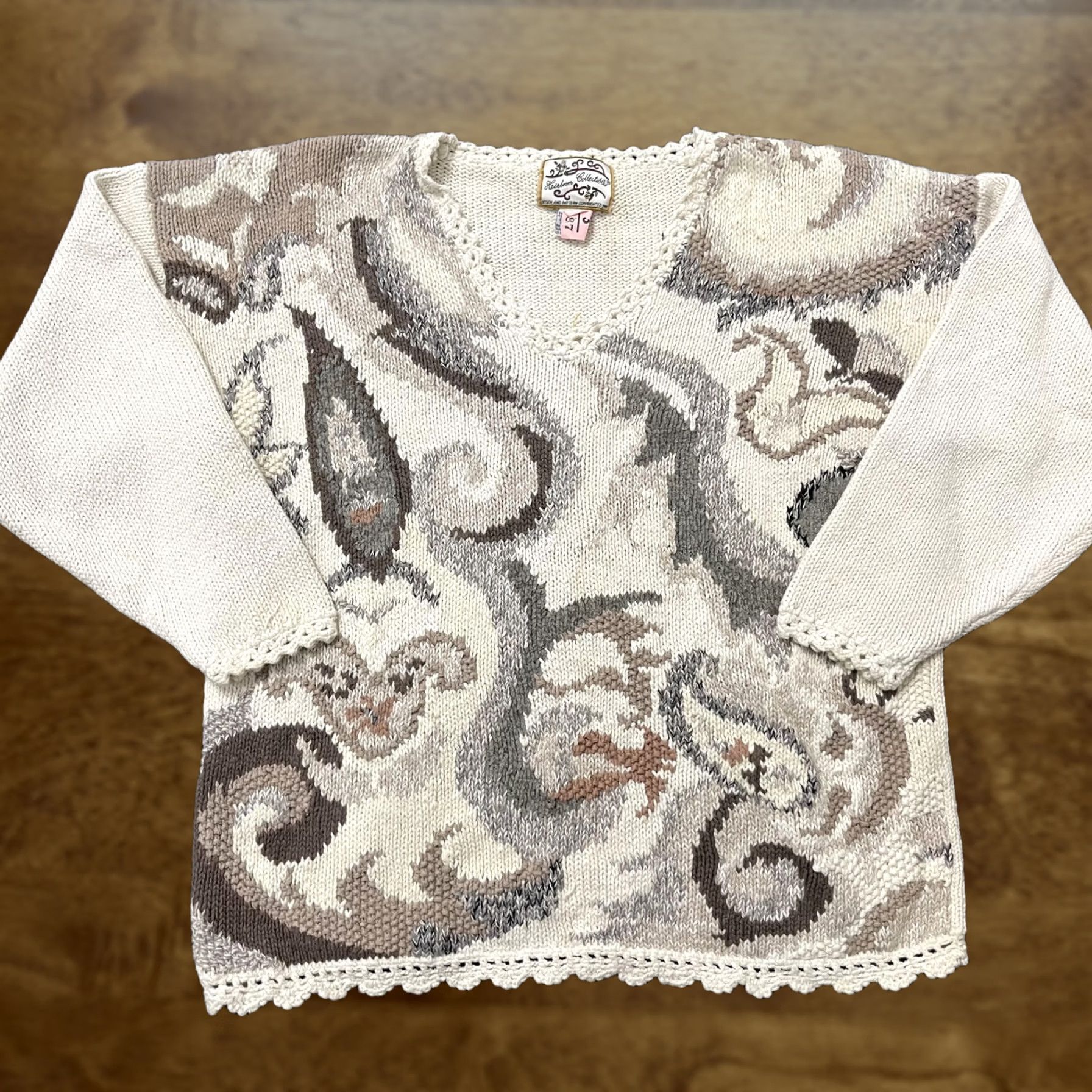 Vintage Heirloom Collectibles Womens Large Beige Knit Sweater Ramie Cotton Paisley Boho Size L / US 10 / IT 46 - 1 Thumbnail