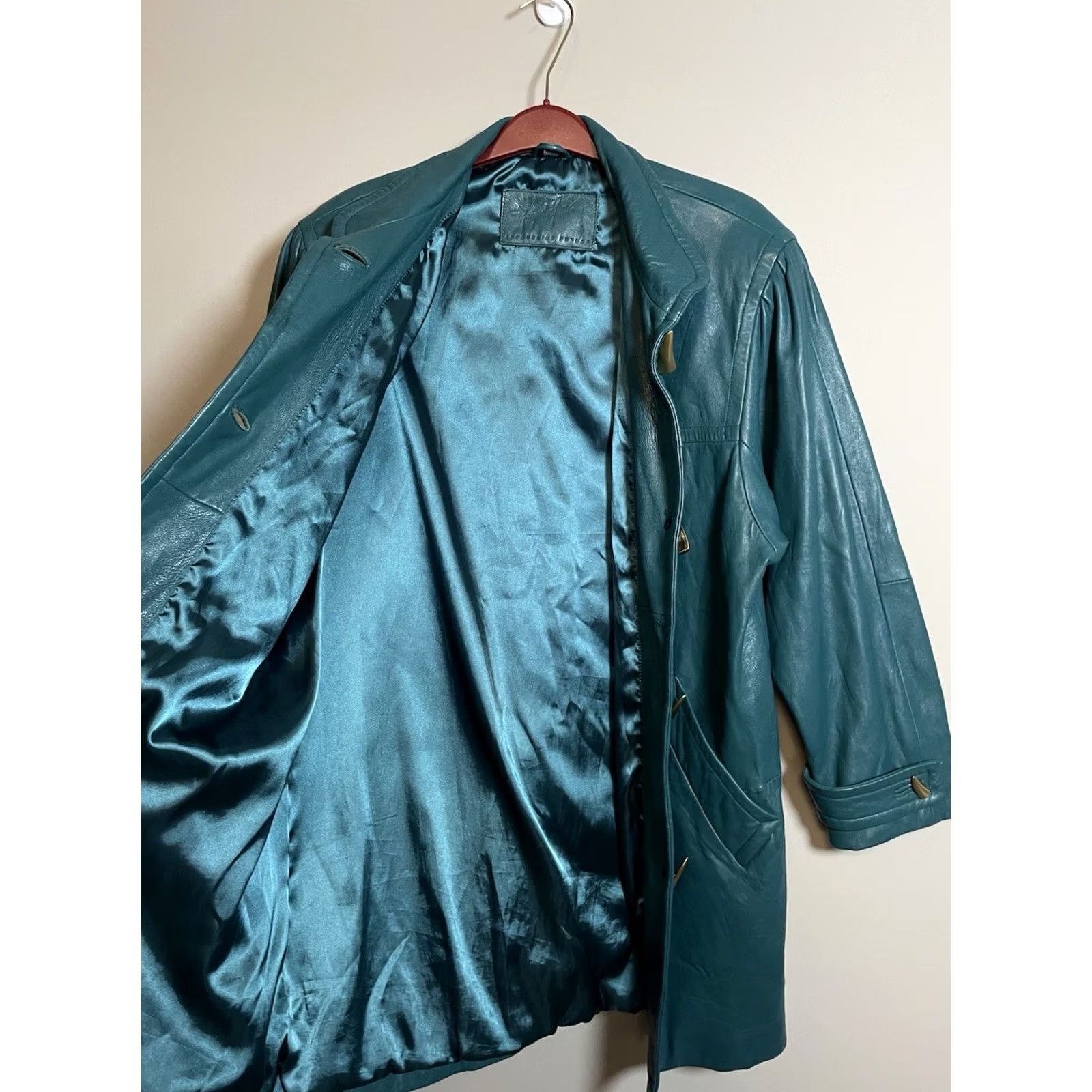 Ferrari Jacqueline Ferrari Leather Green Trench Coat Womens M Grunge Goth Coat Long Sleeve Button Embroidered Fall Winter 34" Size M / US 6-8 / IT 42-44 - 5 Thumbnail