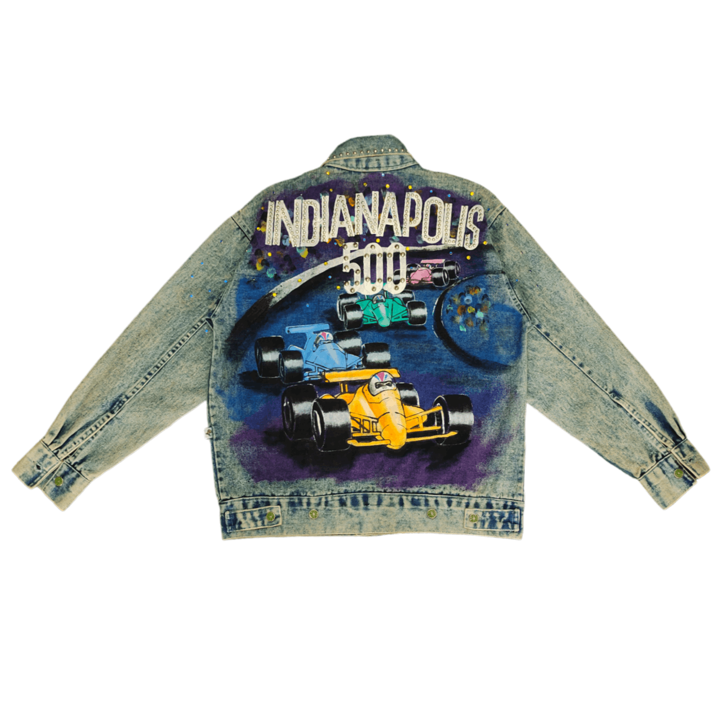 Vintage 1990s Indianapolis 500 Studded Oversize Trucker Denim Jacket Size US M / EU 48-50 / 2 - 1 Thumbnail