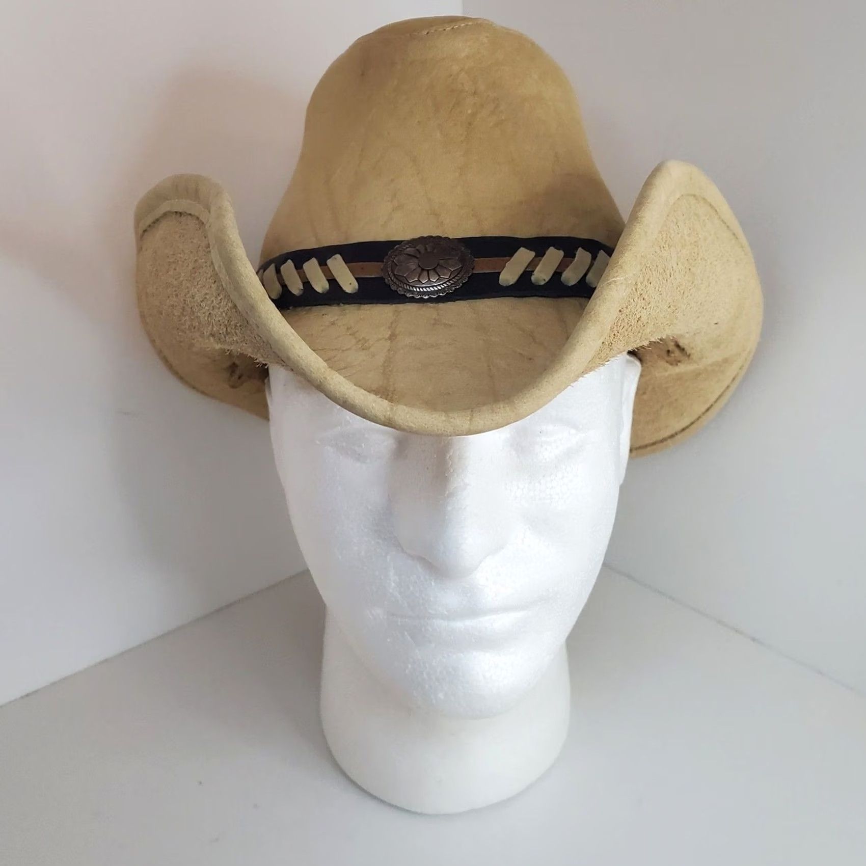 Vintage Kakadu Traders Australia Cowboy Hat 56cm Medium US Beige Tan Leather Heavy Size ONE SIZE - 2 Thumbnail