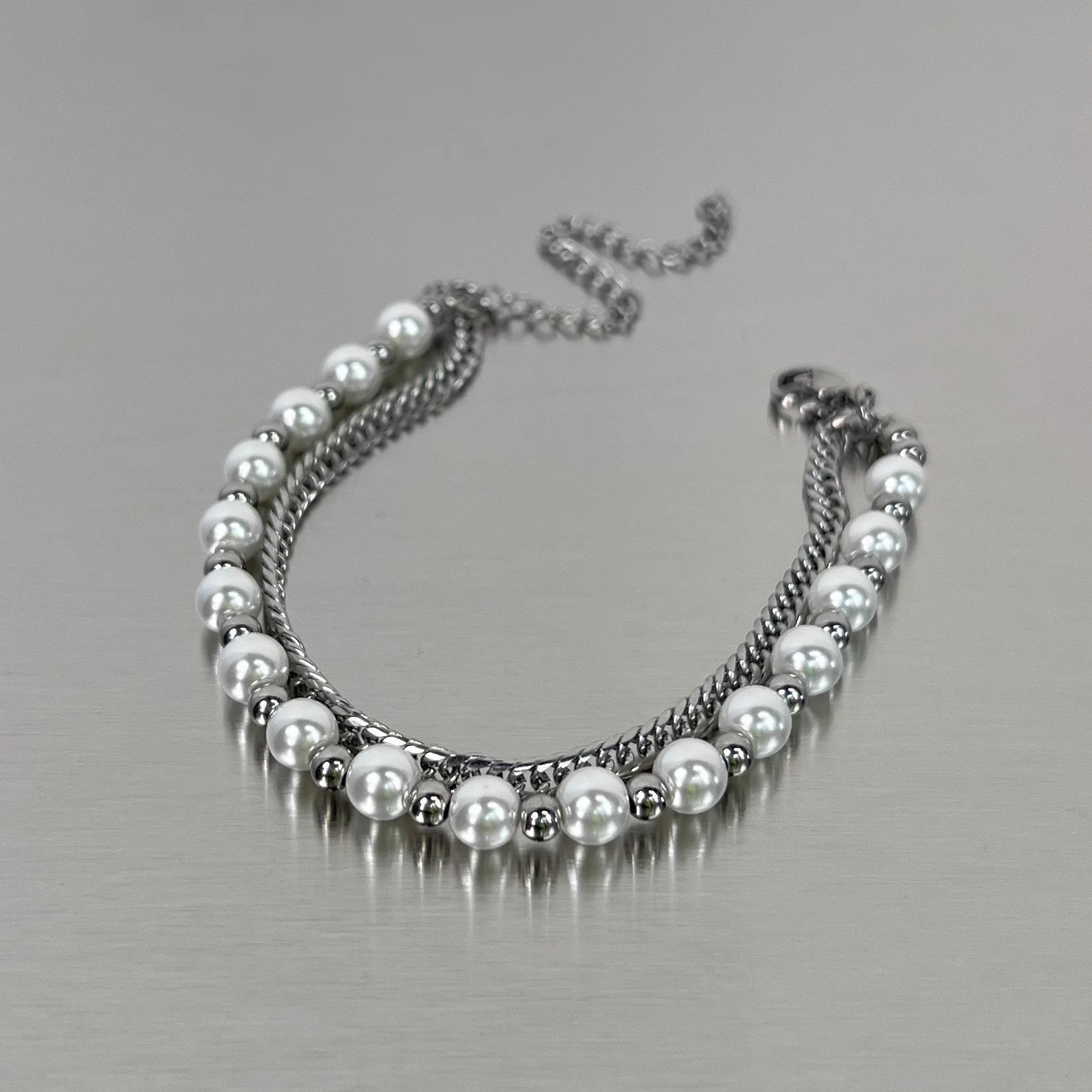 Jewelry x Vintage Hip Hop Double Pearl Chain Bracelet For Men in Silver