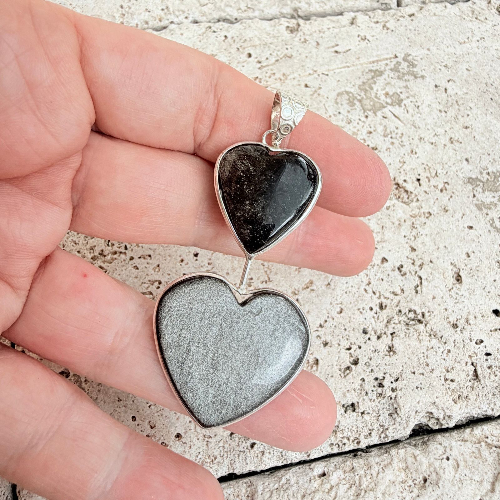 The Unbranded Brand Silver Obsidian Double Heart Pendant 925 Silver Overlayunb Size ONE SIZE - 5 Thumbnail