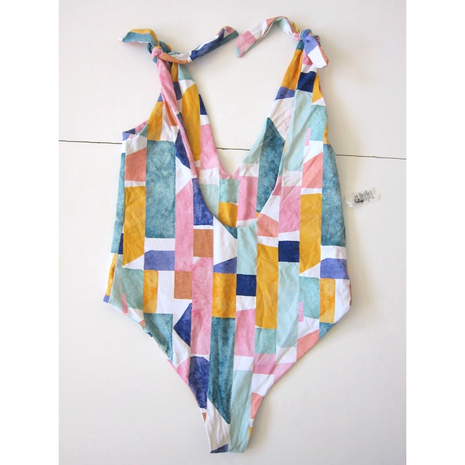 Lulus Lulu's Pink Green Blue Yellow Block V-Neck Low Back One Piece Swimsuit Large Size ONE SIZE - 5 Thumbnail