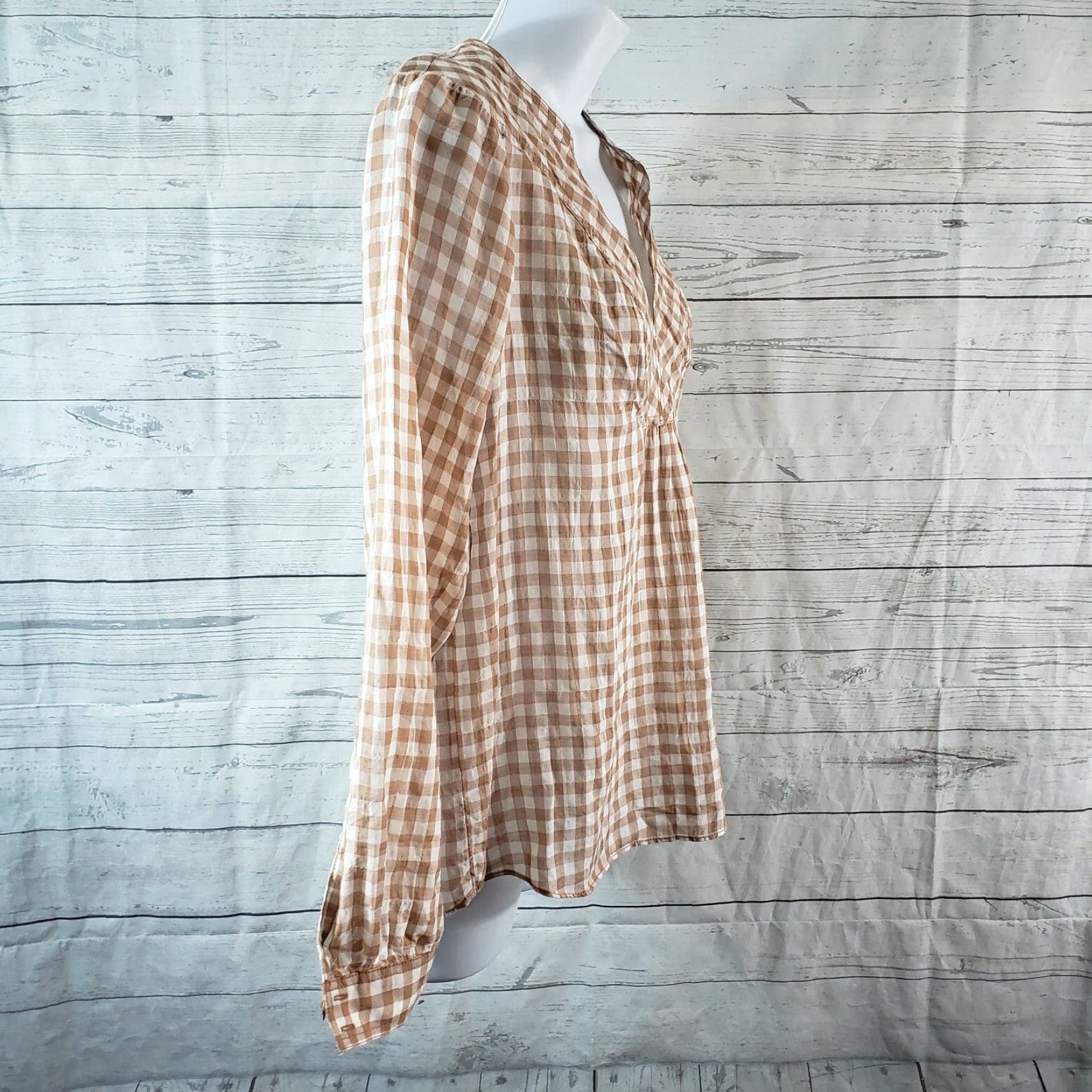 Vintage Holding Horses Womens Blouse Sz 2 Tan Gingham Long Sleeve Cotton Blend Shirt Clothing Mens? Size XS / US 0-2 / IT 36-38 - 3 Thumbnail