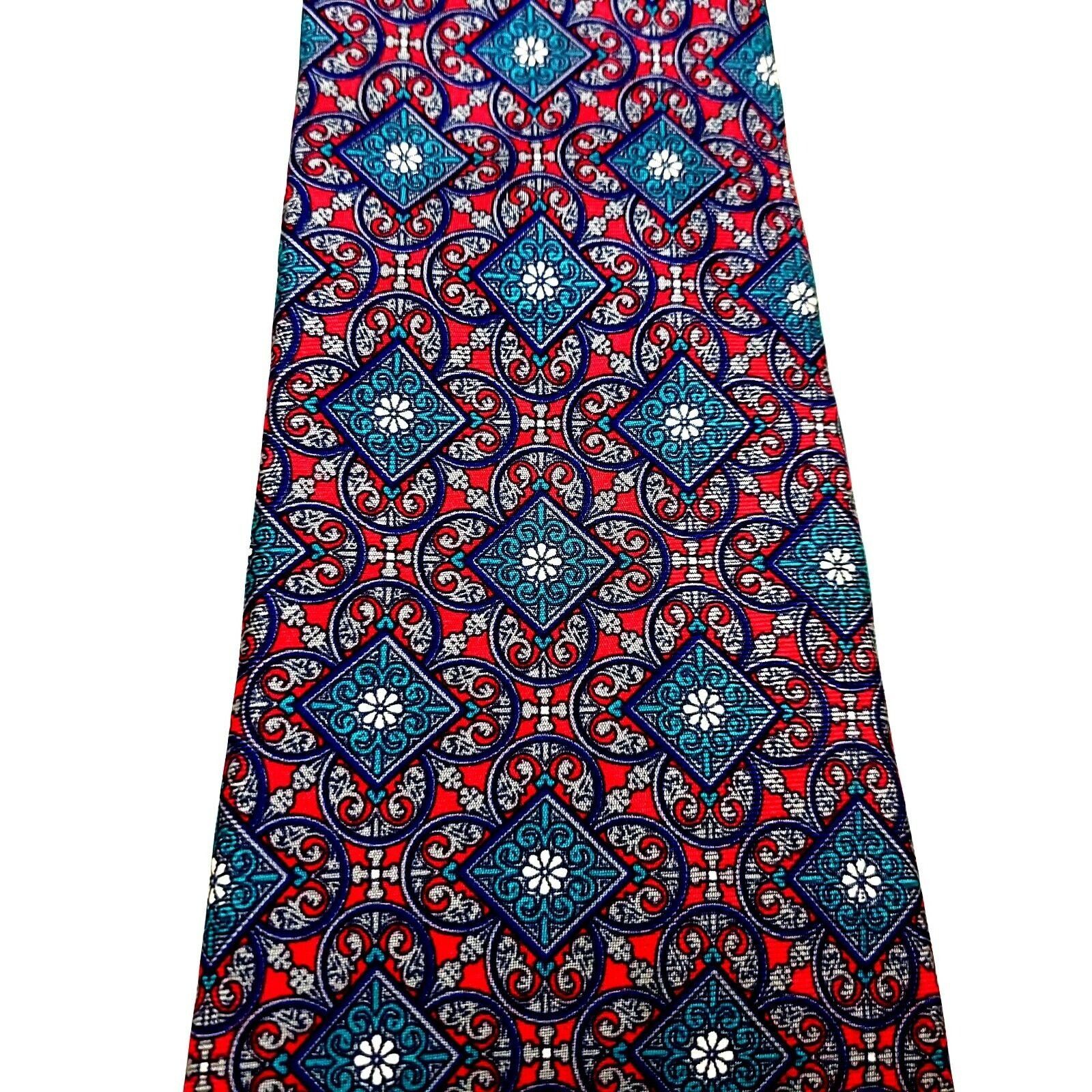 Christian Dior Monsieur Christian Dior Silk Tie Print Red Teal Geometric Short Size ONE SIZE - 2 Thumbnail
