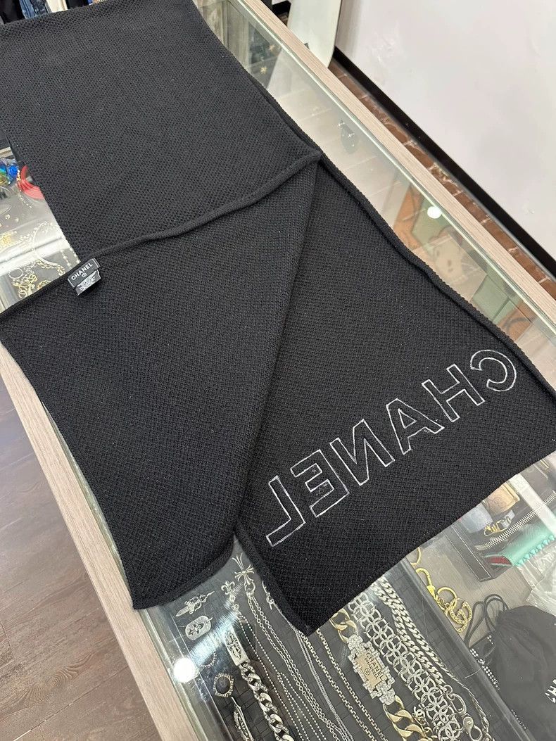 Chanel Chanel Black Wool Scarf with White Logo -2505 Size ONE SIZE - 4 Thumbnail