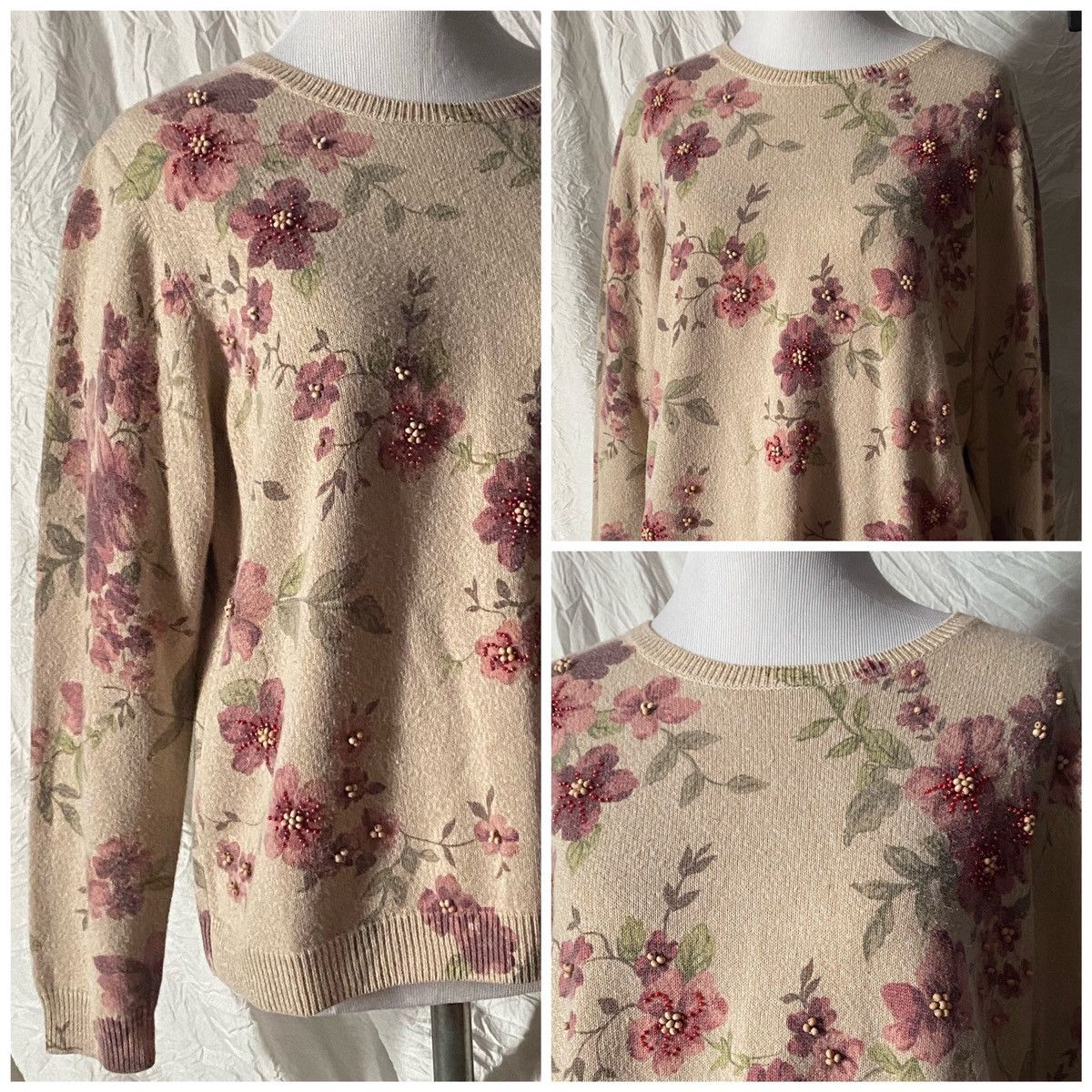 Vintage Vintage, Beige, Floral, Embellished, Pullover Sweatshirt Size S / US 4 / IT 40 - 6 Thumbnail