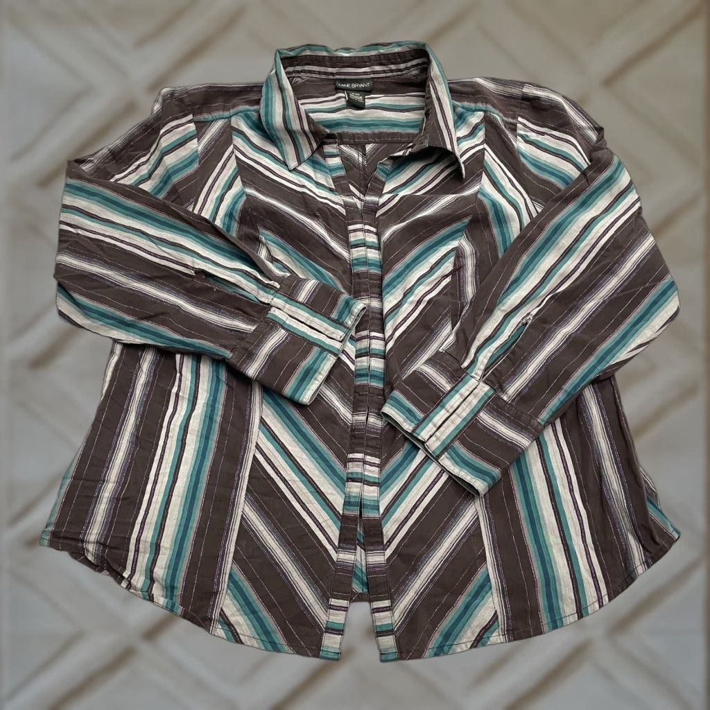 Vintage Lane Bryant Blouse Womens 18/20 Purple Striped Long Sleeve Hook & Eye Shirt Casual, Workwear, Travel Womens Regular Fit Vector Size XXL / US 16-18 / IT 52-54 - 1 Thumbnail