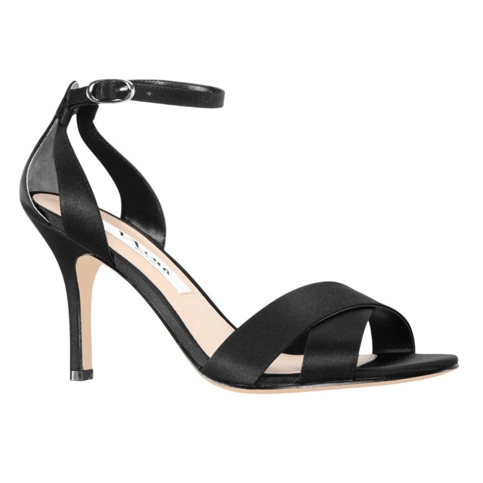 Nina Venus Black Satin High Heel Shoes Sandals 9M, Women's
