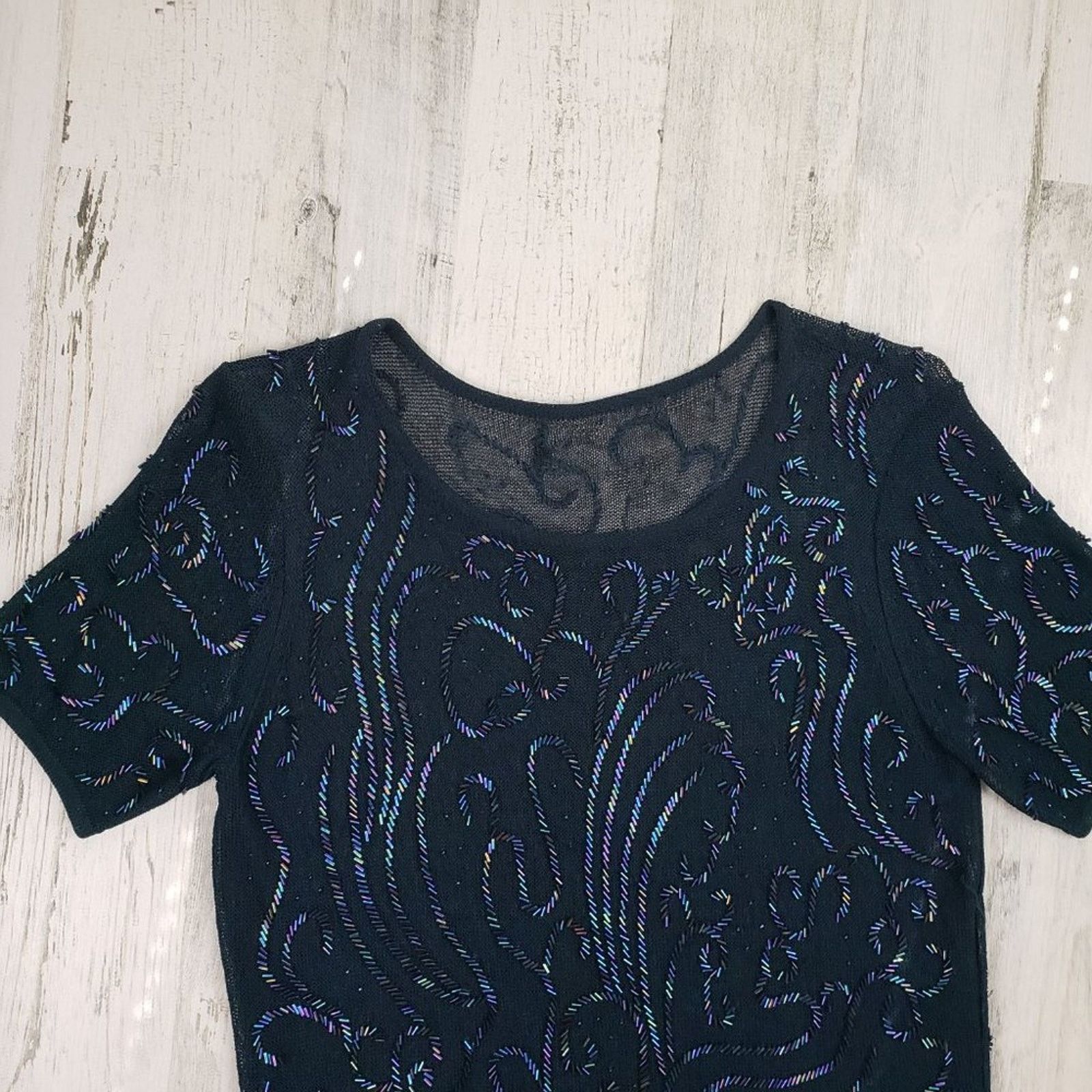 Other Navy Blue Loose Knit Beaded Embellished Semi- Sheer Blouse Size ONE SIZE - 4 Thumbnail