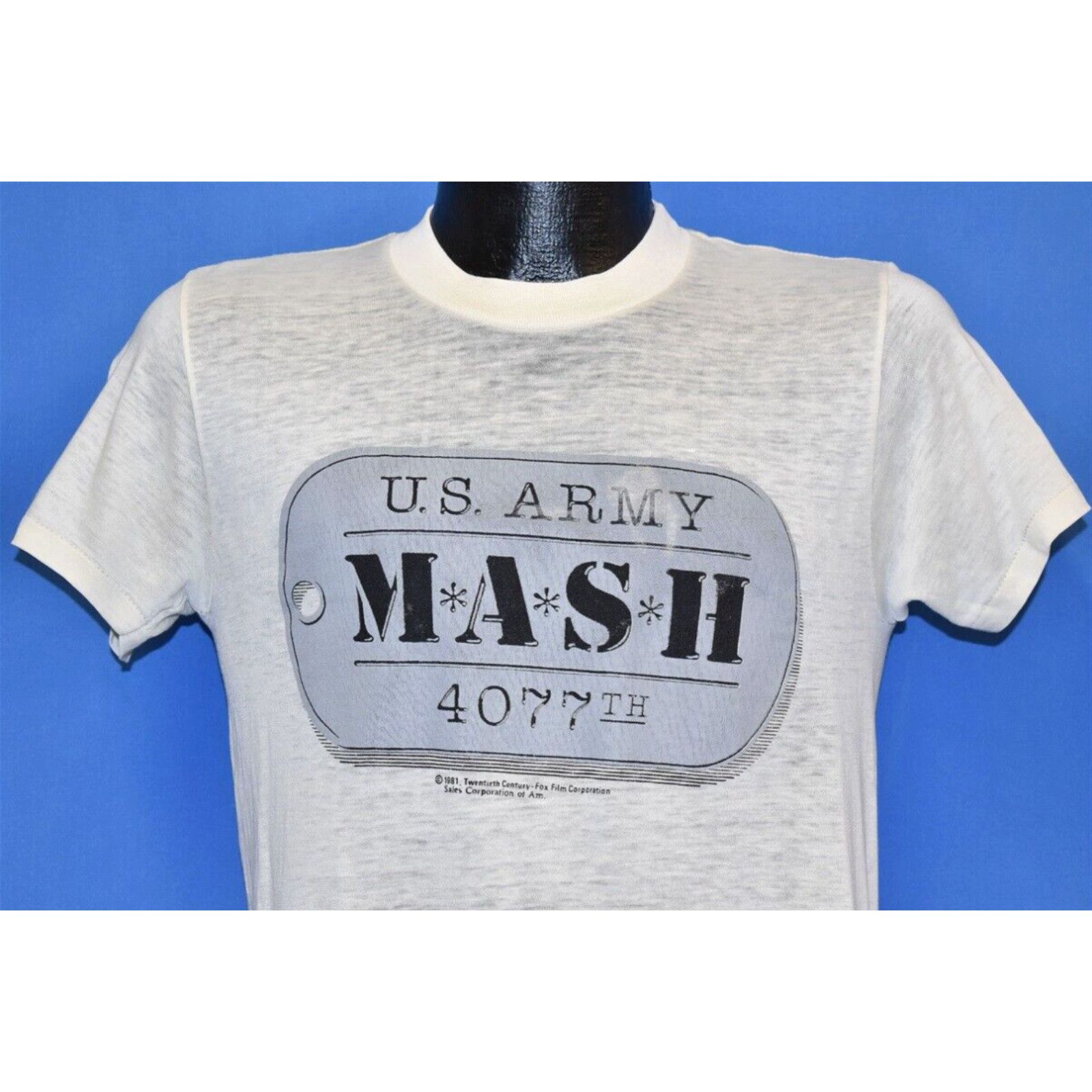 image of Vintage 80's Mash 4077Th Us Army Dog Tag Tv Show Distressed Soft Thin T-Shirt S in White (Size Smal