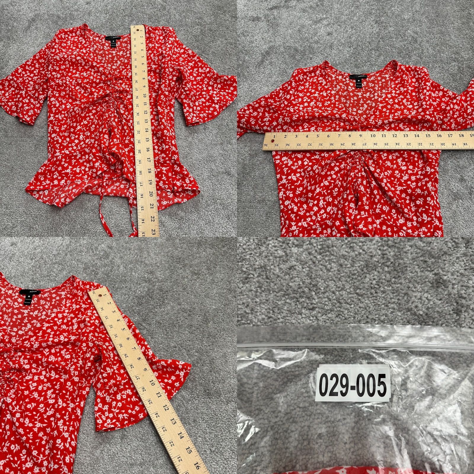 AQUA Aqua Ruched Floral Top Womens S Red White Ruffles Bell Sleeve Casual Knit Polyester V-Neck Short Sleeve Blouse Shirt Beach Classic Modern Size S / US 4 / IT 40 - 8 Thumbnail