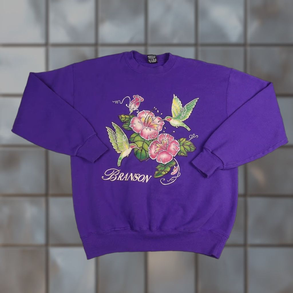 Vintage VINTAGE H.L. Miller Gold Sweatshirt Mens L Purple Branson Hummingbird Floral Graphic Print Crew Neck Pullover Size US L / EU 52-54 / 3 - 1 Thumbnail