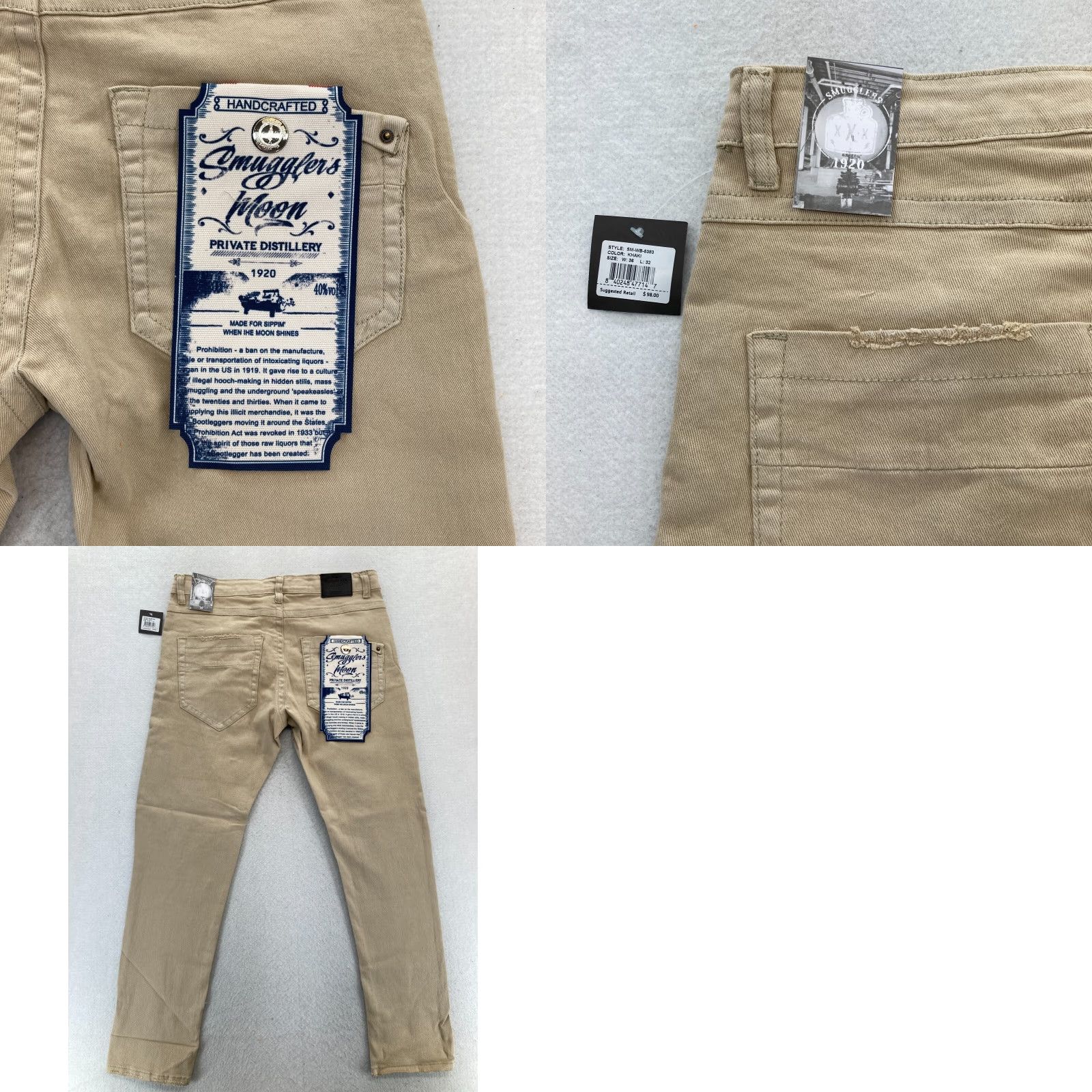 Denime Smugglers Moon Jeans Mens 36x32 Khaki Beige Denim Button Fly Roll Up Distressed Slim Skinny 5-Pocket Gothic Punk Skull Logo Denim Mens Size US 36 / EU 52 - 10 Thumbnail