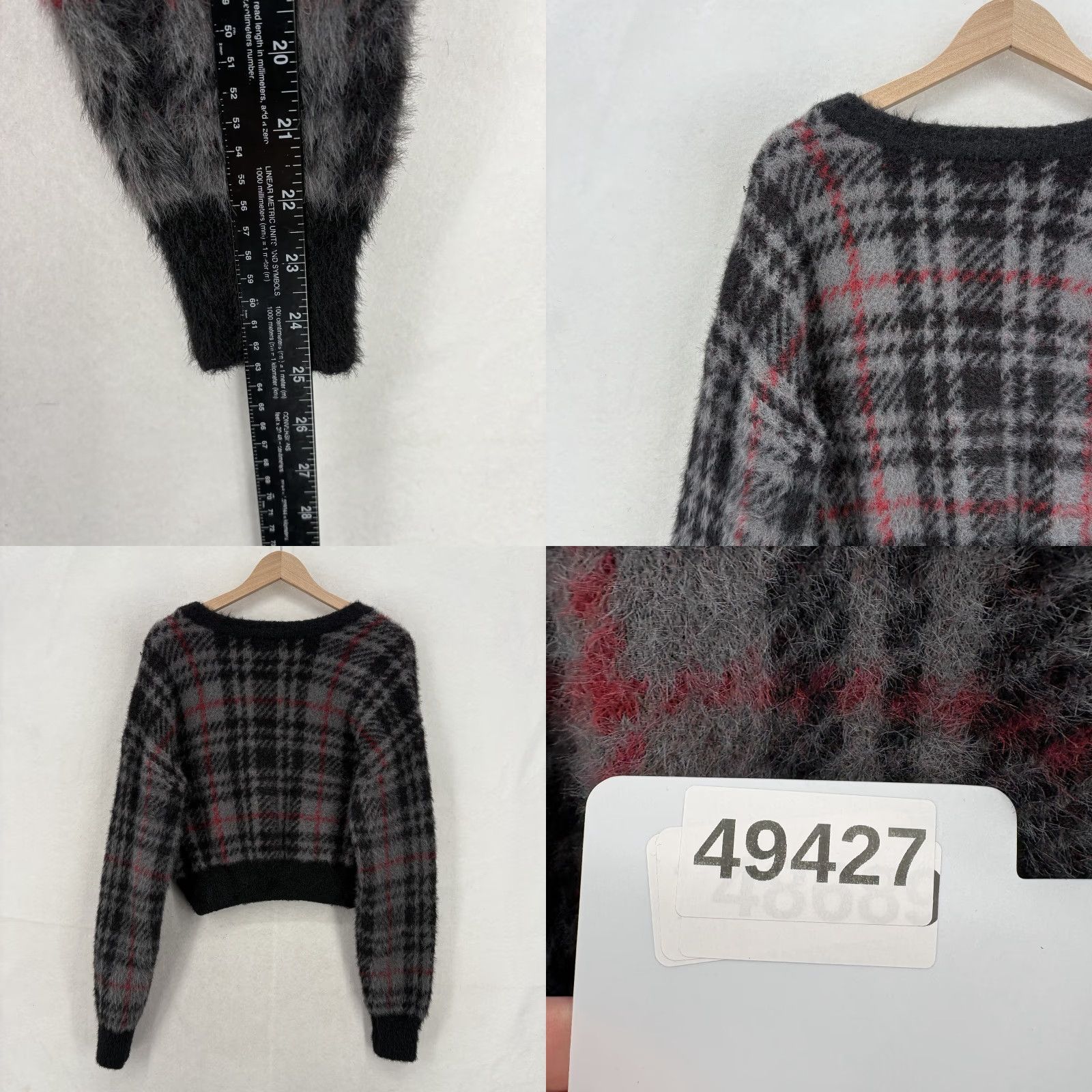 Vintage Social Collision Cardigan Sweater Womens XL Gray Plaid Gothic Cropped Sleeve Long Knit V-Neck Button Fall Winter Maglione Size XL / US 12-14 / IT 48-50 - 8 Thumbnail