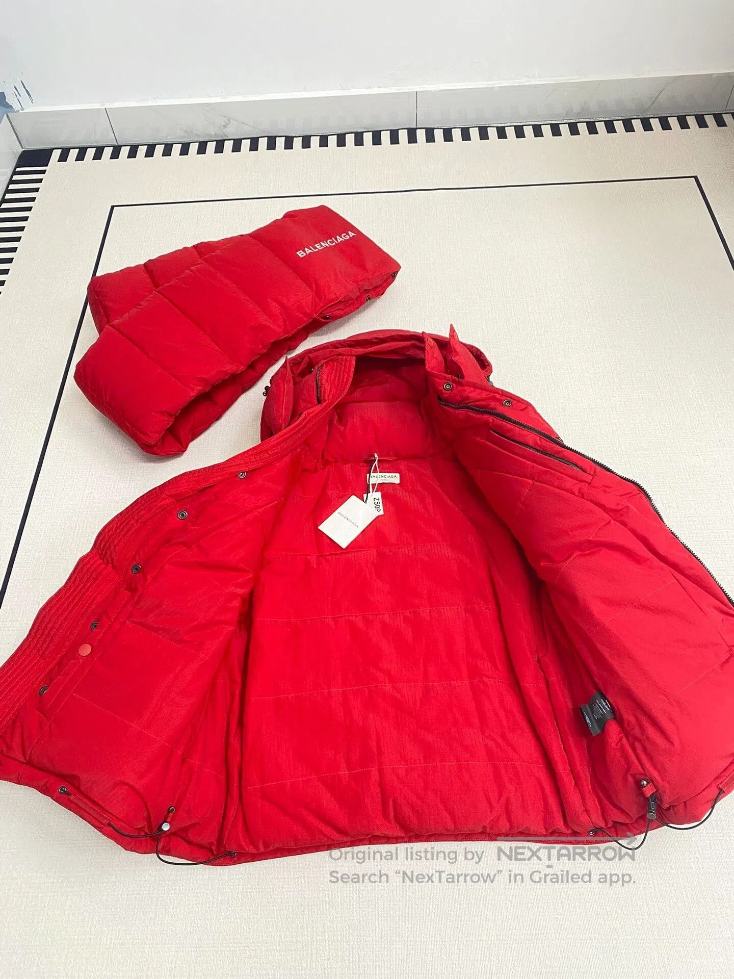 balenciaga red puffer jacket with scarf.