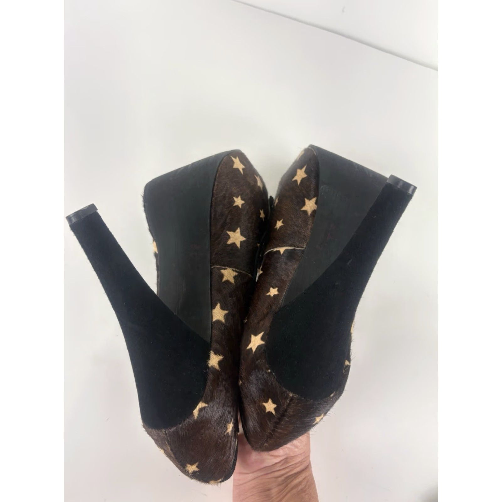 PONY Naughty Monkey Brown Pony Hair Open Toe Heels Womens Size 9.5 - Ultra High Stiletto Pumps with Bow & Stars - Party/Cocktail & Travel Size US 9.5 / IT 39.5 - 6 Thumbnail