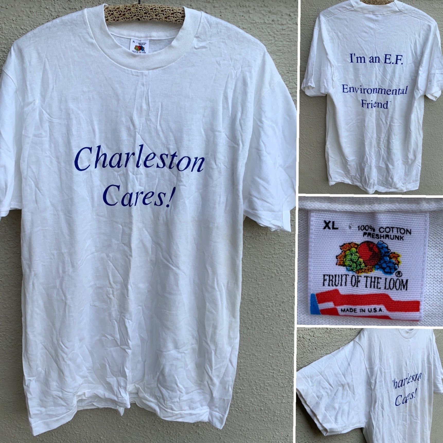 Fruit Of The Loom VINTAGE Charleston Cares I’m an EF Environmental Friend T-Shirt Size XL Men White Cotton Jersey Short Sleeve Graphic Print Size US XL / EU 56 / 4 - 6 Thumbnail