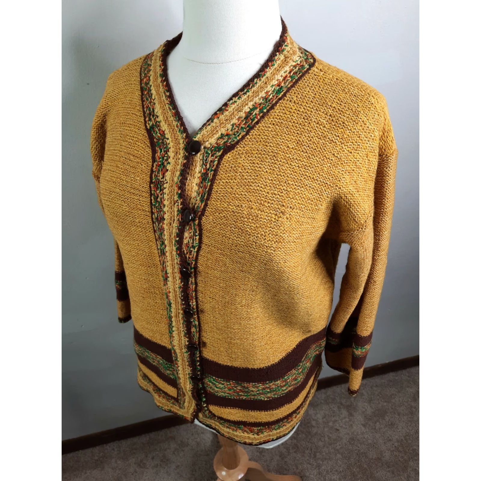 Vintage VINTAGE 70s Cardigan Sweater Women XL Yellow Brown Boho V Neck Round Neck 70s Pattern Knit Acrylic Belted Shoestring Not Included Size XL / US 12-14 / IT 48-50 - 6 Thumbnail