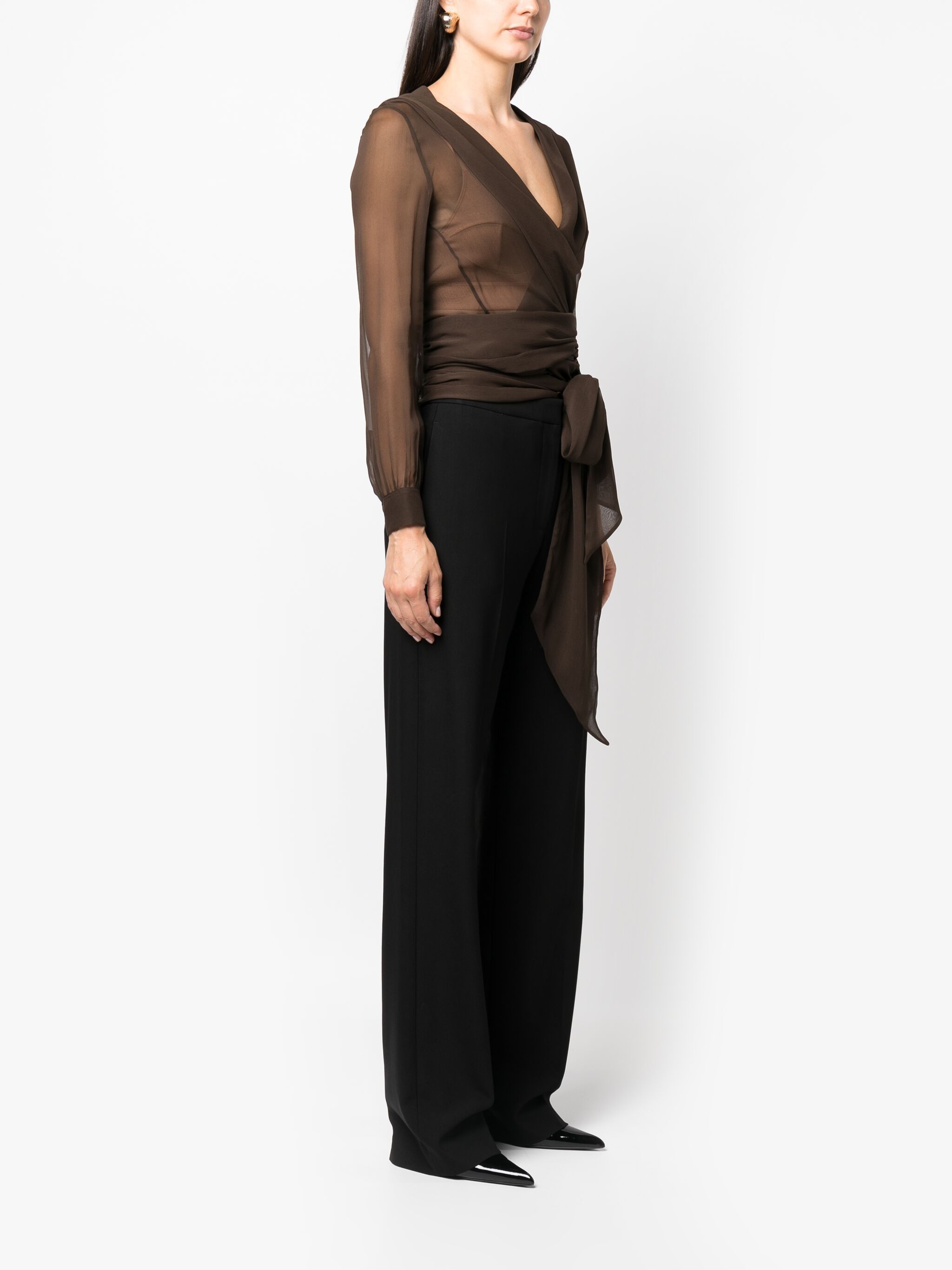 Saint Laurent Paris o1s1wg111124 Hooded Wrap Blouse Silk Muslin Crepe in Brown Size S / US 4 / IT 40 - 5 Thumbnail