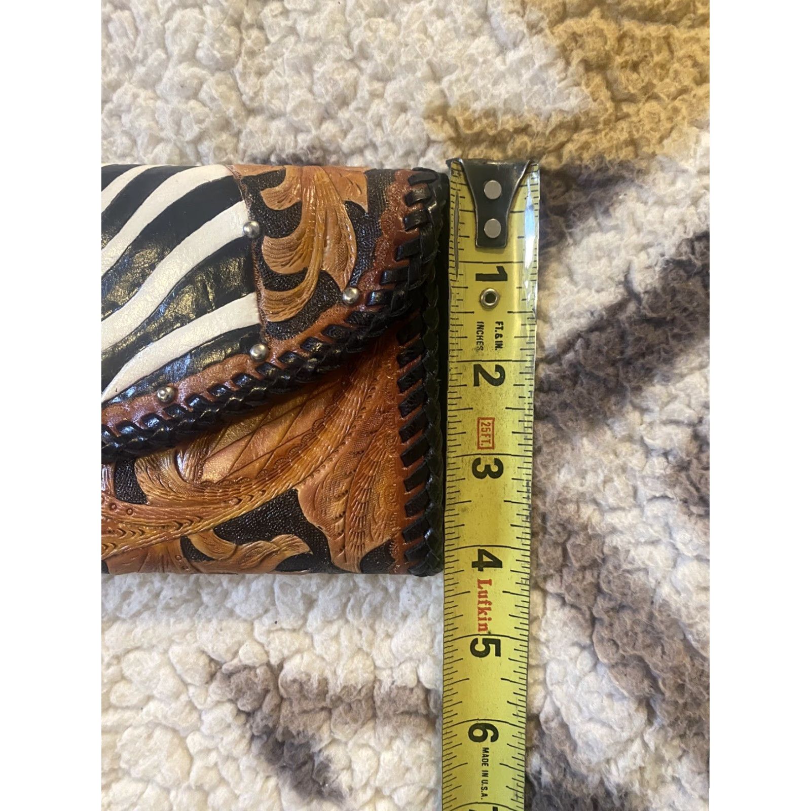 Vintage Hand Tooled Leather Women’s Wallet Organizer Zebra Floral Pattern Studs 8” X 4” Size ONE SIZE - 7 Thumbnail