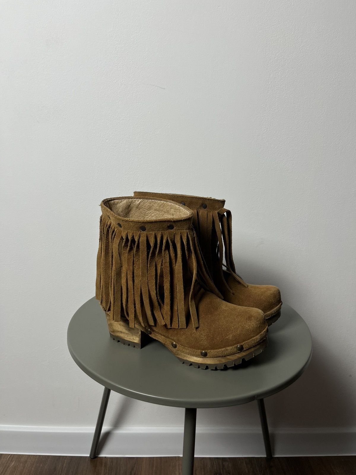 Cowboy Equipment × Vintage Western Fringe Suede Leather Boots with Wooden Platform Sole Size US 6 / IT 36 - 1 Thumbnail
