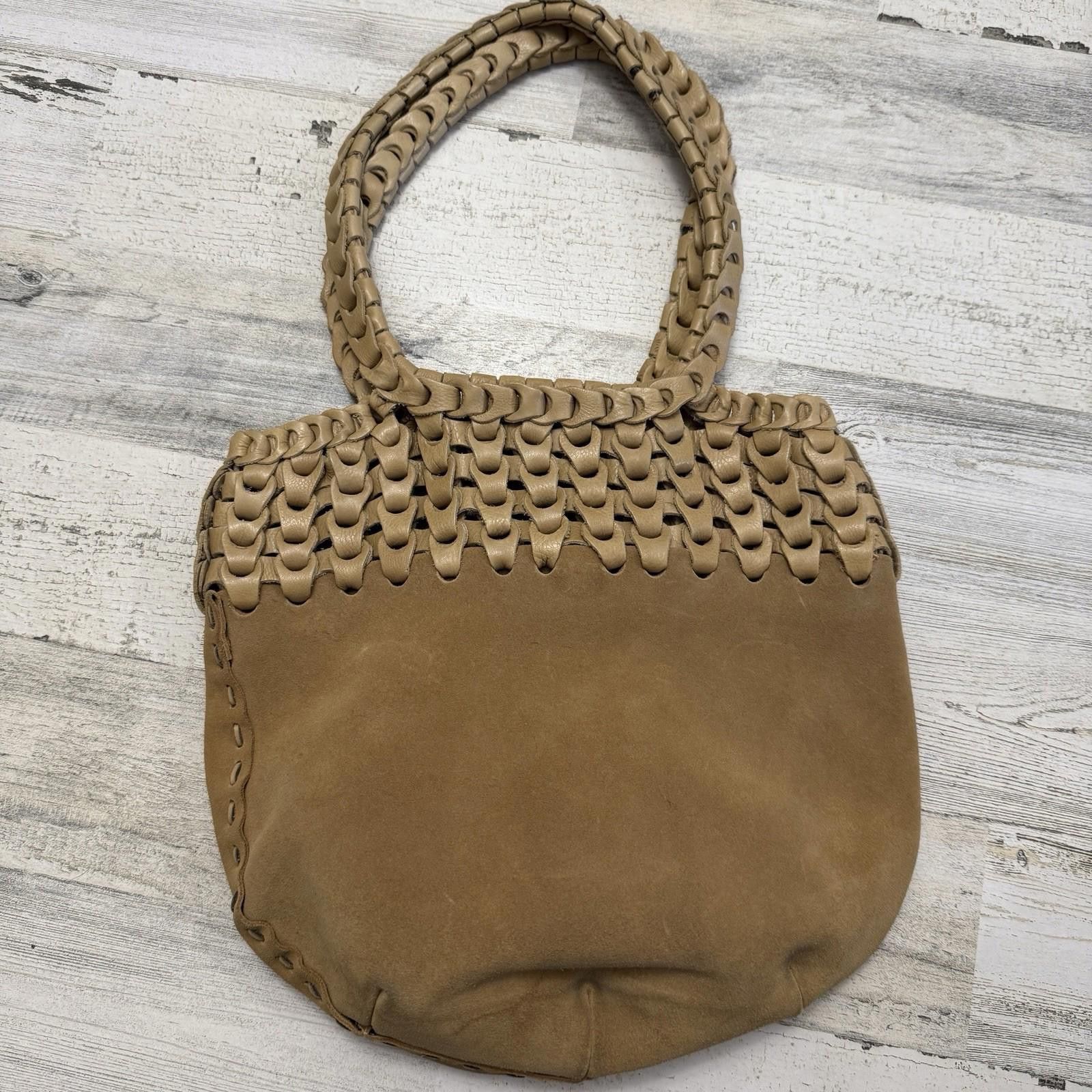 Brazilian Leather Suede Woven Indie Boho Shoulder Bag in Beige, Women's