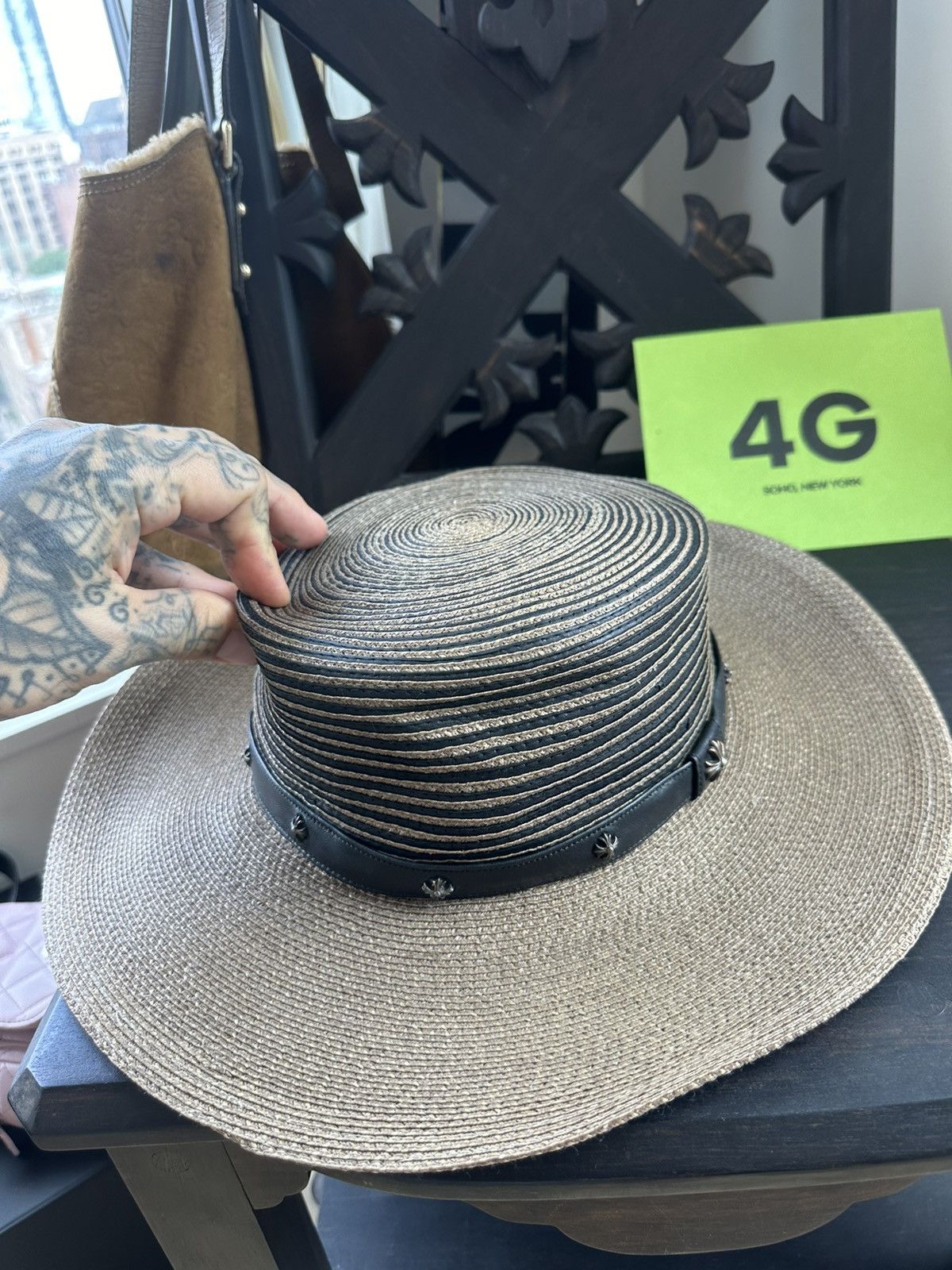 Chrome Hearts CHROME HEARTS ST TROPEZ STRAW LEATHER FEDORA HAT Size ONE SIZE - 5 Thumbnail
