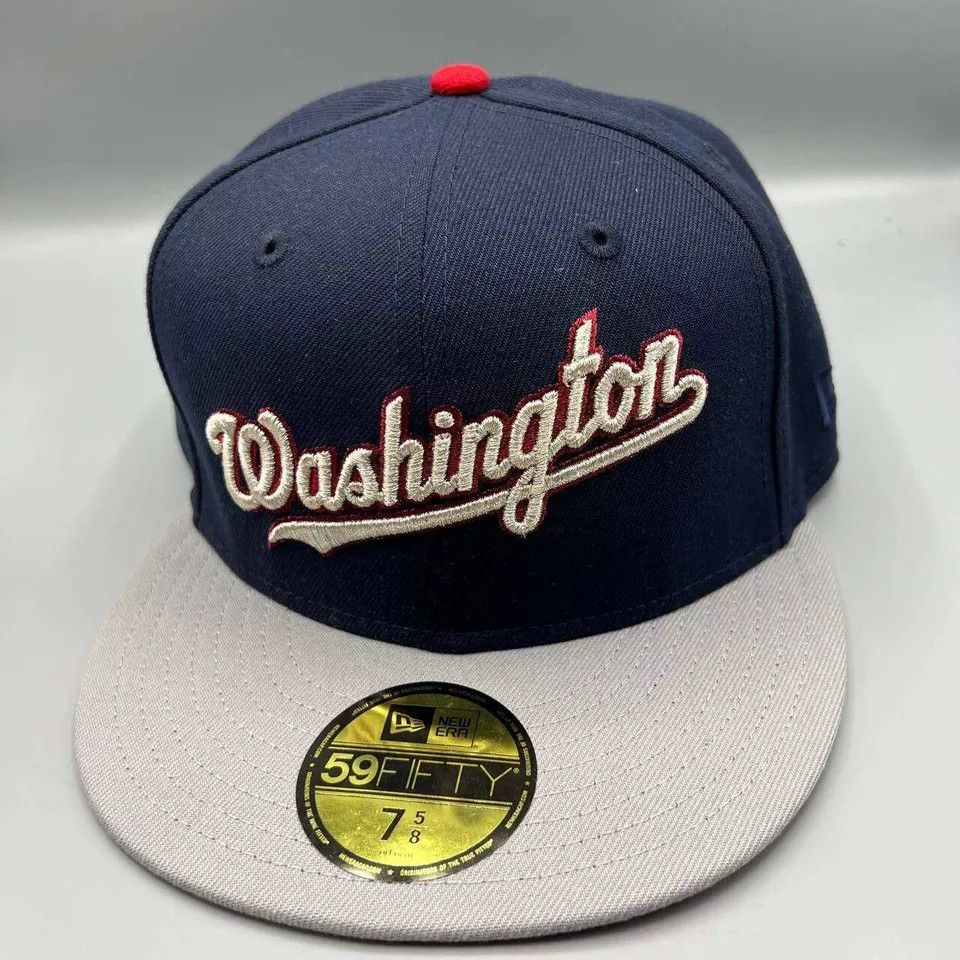 New Era Washington Nationals Hat Men 7 5/8 Navy Red MLB Fitted Cap Size ONE SIZE - 3 Thumbnail