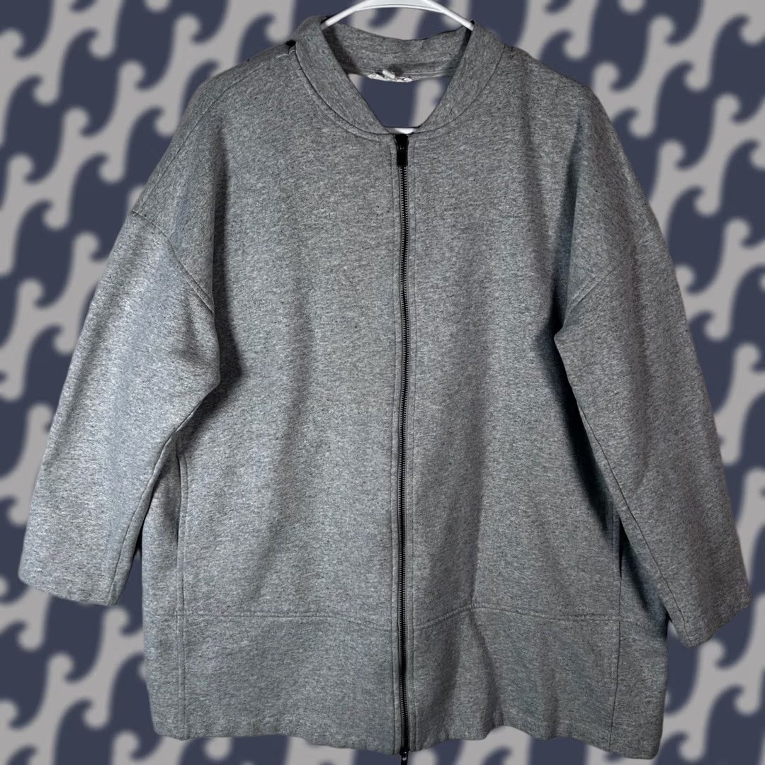 Eileen Fisher Eileen Fisher Gray Cotton Blend Full Zip Terry Bomber Jacket Womens Size Large Size L / US 10 / IT 46 - 1 Thumbnail