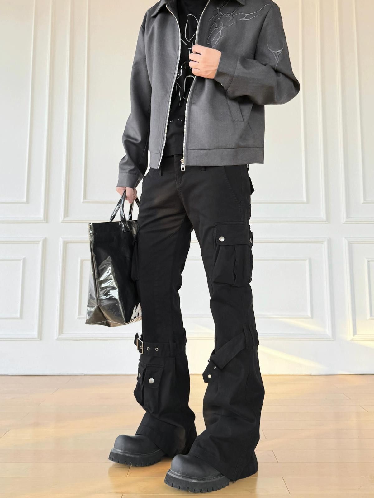 Other Black Cargo Flared Stacked Pants with Straps Size US 32 / EU 48 - 4 Thumbnail