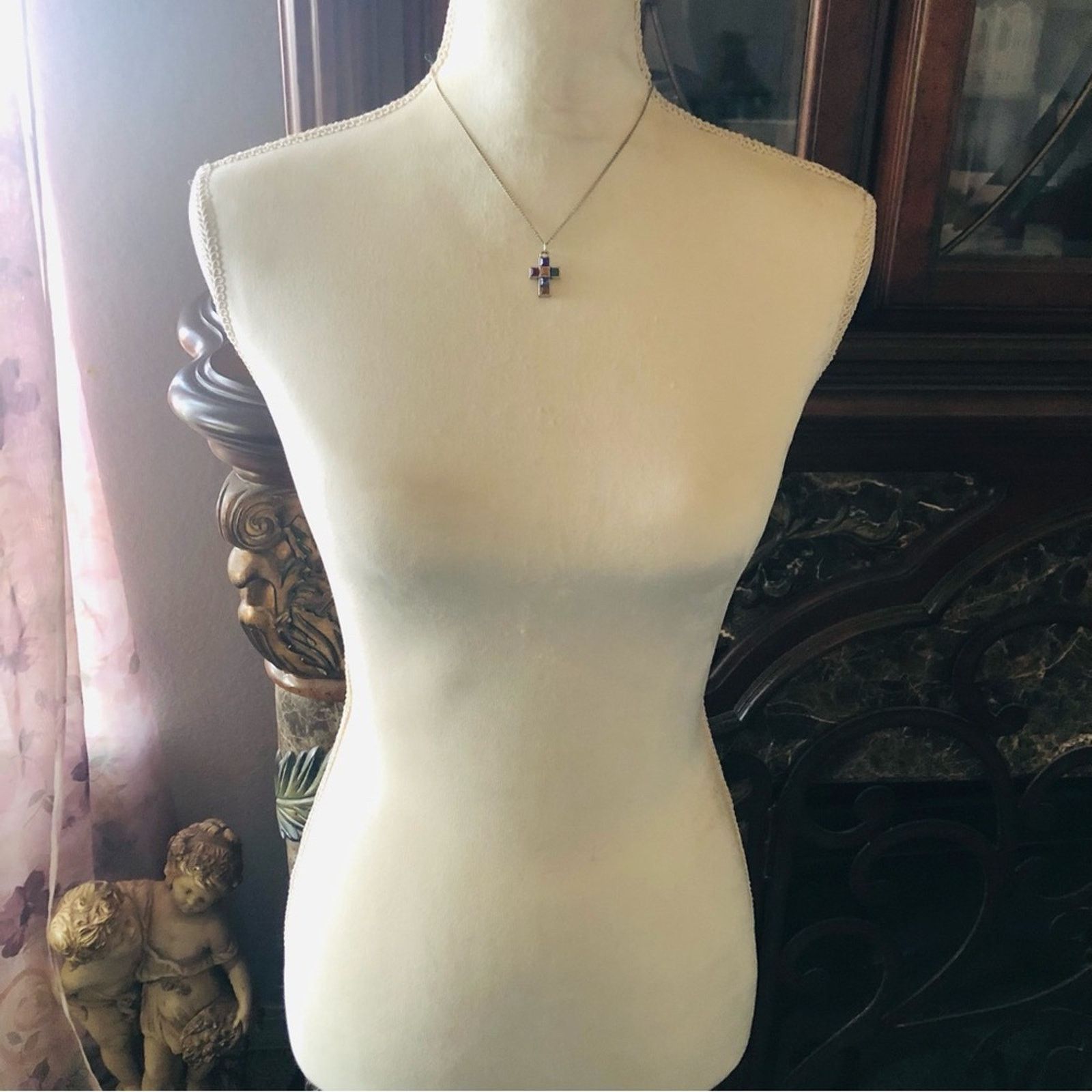 Vintage Vintage multi tone square shape gem cross on chain necklace Size ONE SIZE - 6 Thumbnail