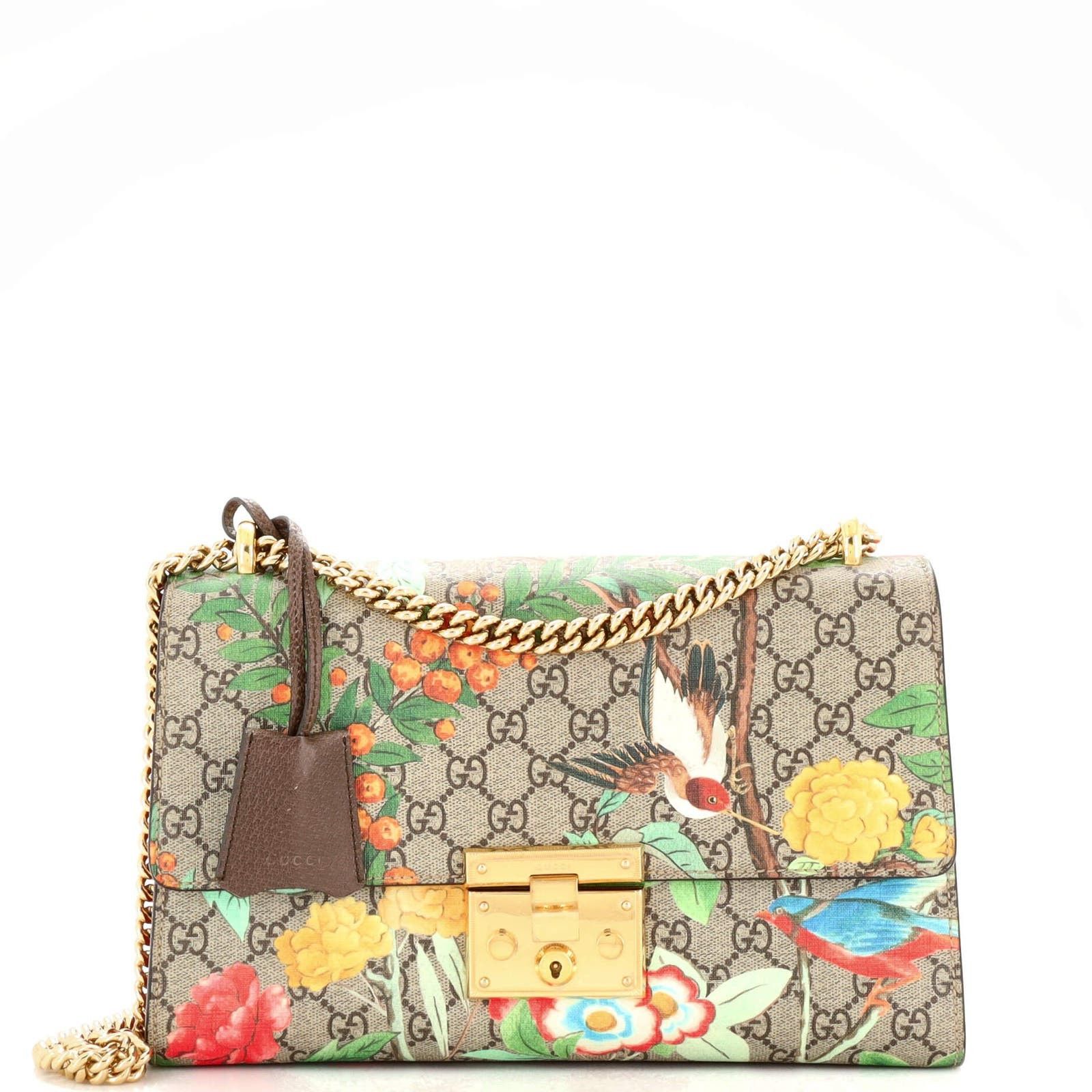 image of Gucci Padlock Shoulder Bag Tian Print GG Coated Canvas Medium in Brown, Women's