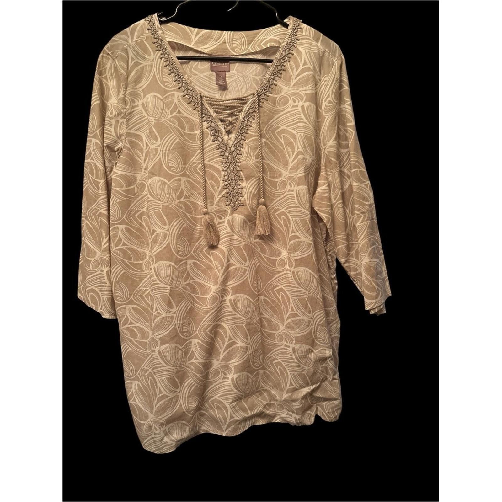 Chicos Chico's Cream Leaf-Print Lace-Up Tunic Size M / US 6-8 / IT 42-44 - 1 Thumbnail