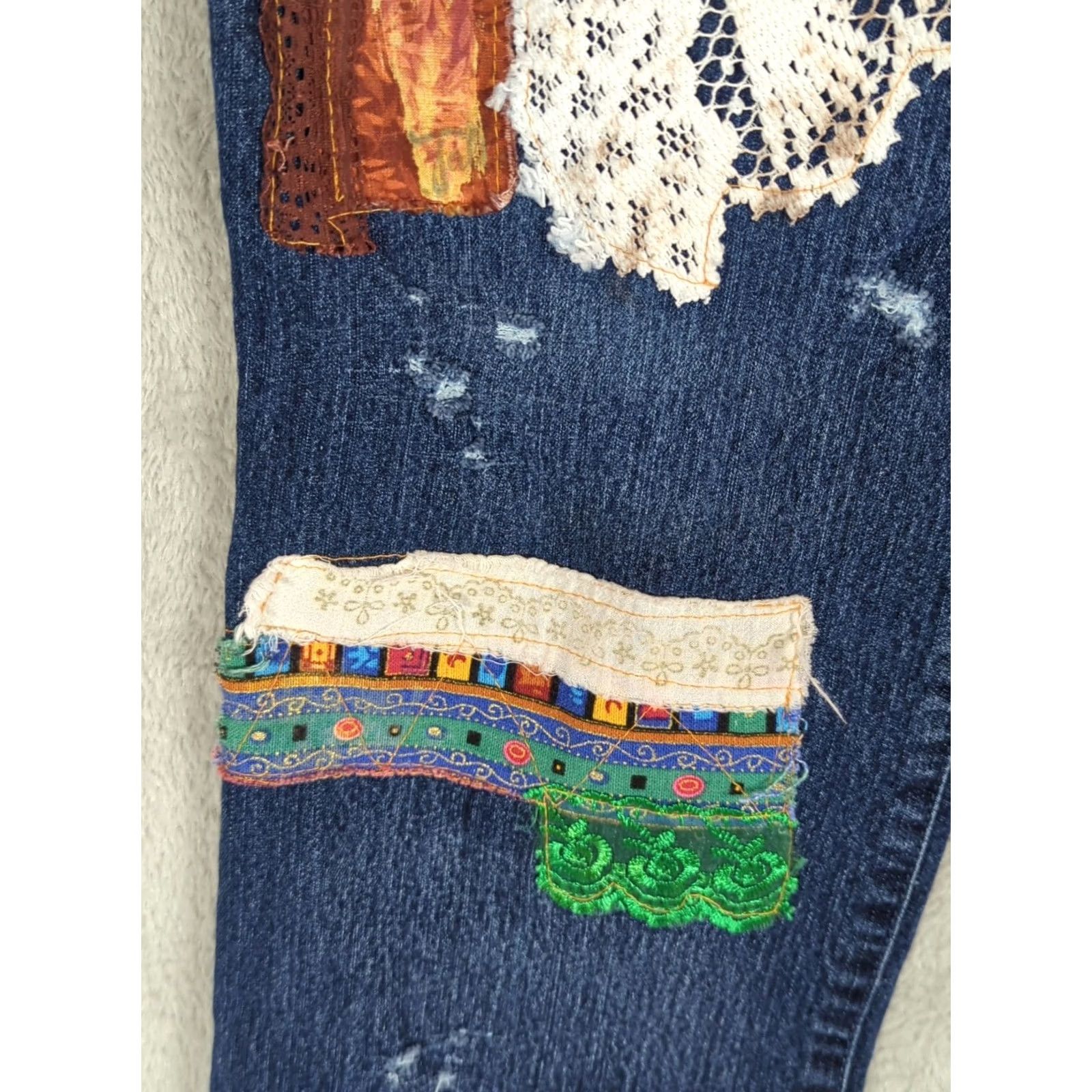 Vintage Artsy Jeans Patchwork Pockets Pearl Woodstock Boho Size 14P Size 36" / US 14 / IT 50 - 3 Thumbnail