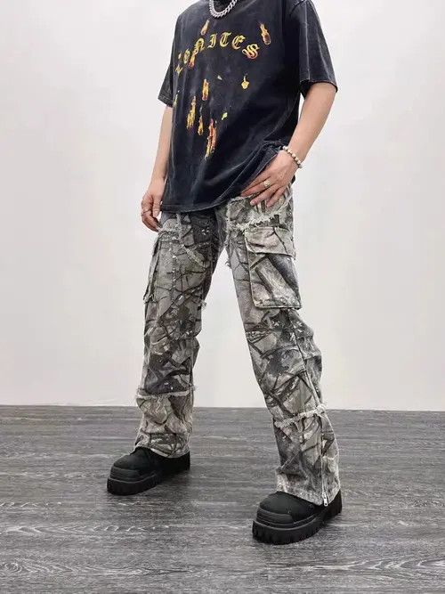 image of Retro Camouflage Irregular Raw Edge Work Jeans in Camouflage Green, Men's (Size 32)