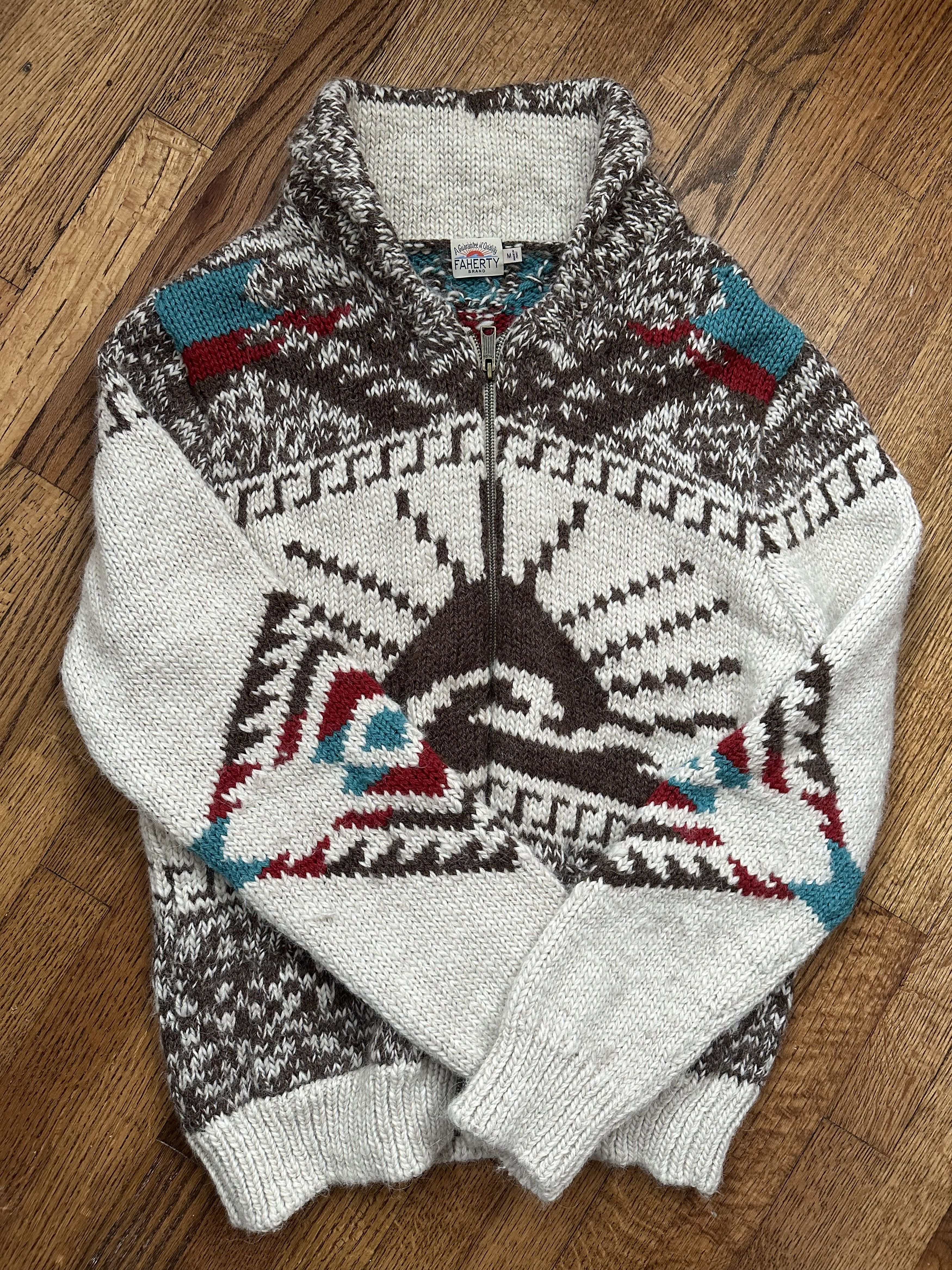 image of Faherty Aztec Wool Cardigan in Brown/White, Men's (Size Medium)