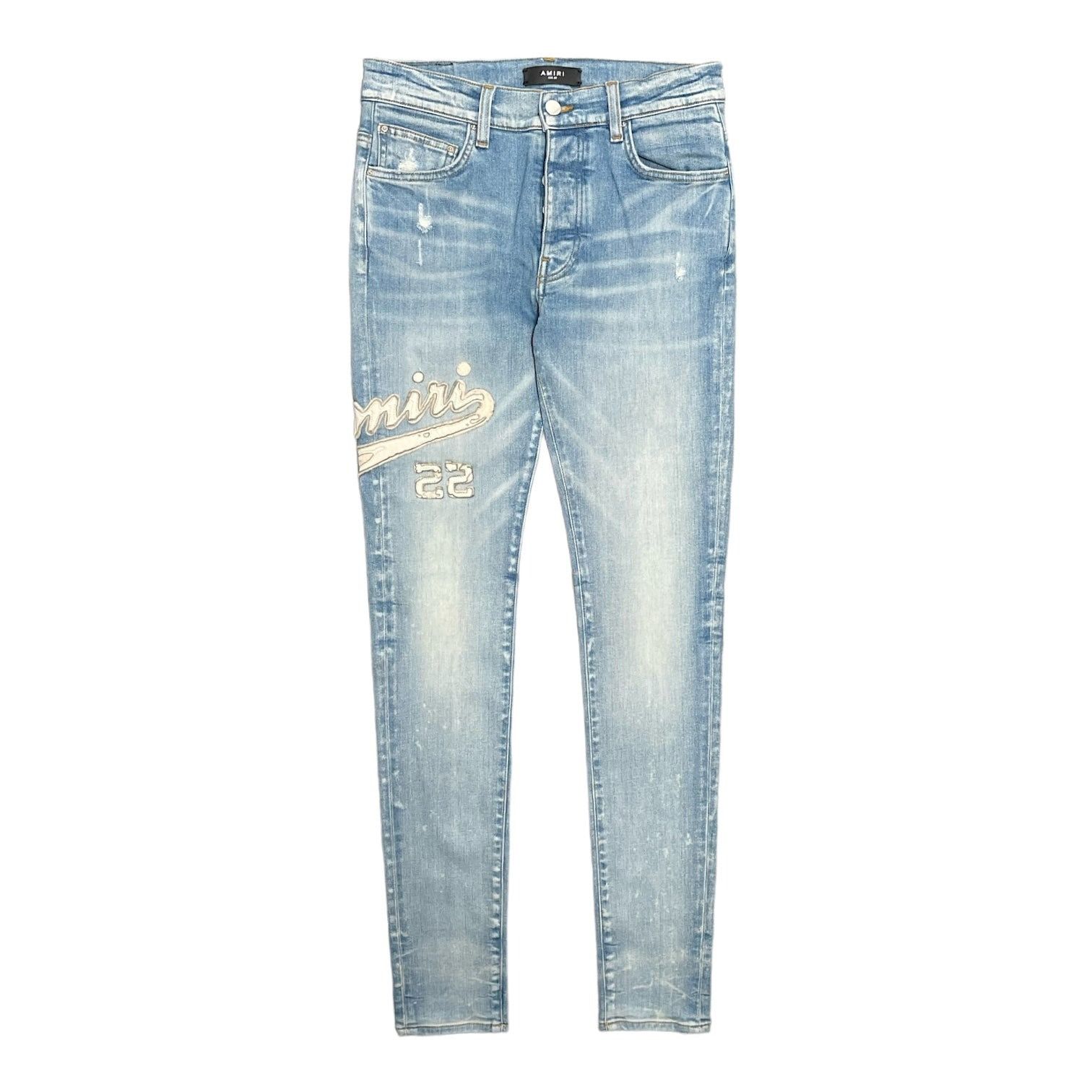 image of Amiri Varsity Applique Logo Jeans Clay Indigo, Men's (Size 30)